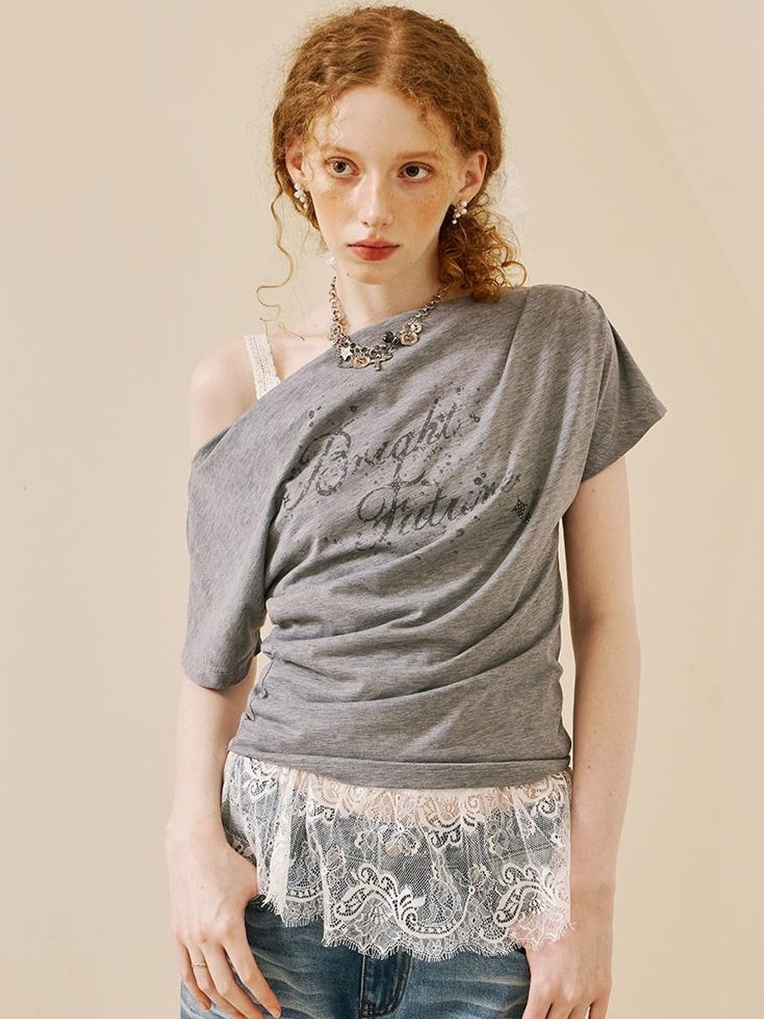 DIDDI MODA Lace Trimmed Pleated Tee Embroidered Mesh Skirt Set