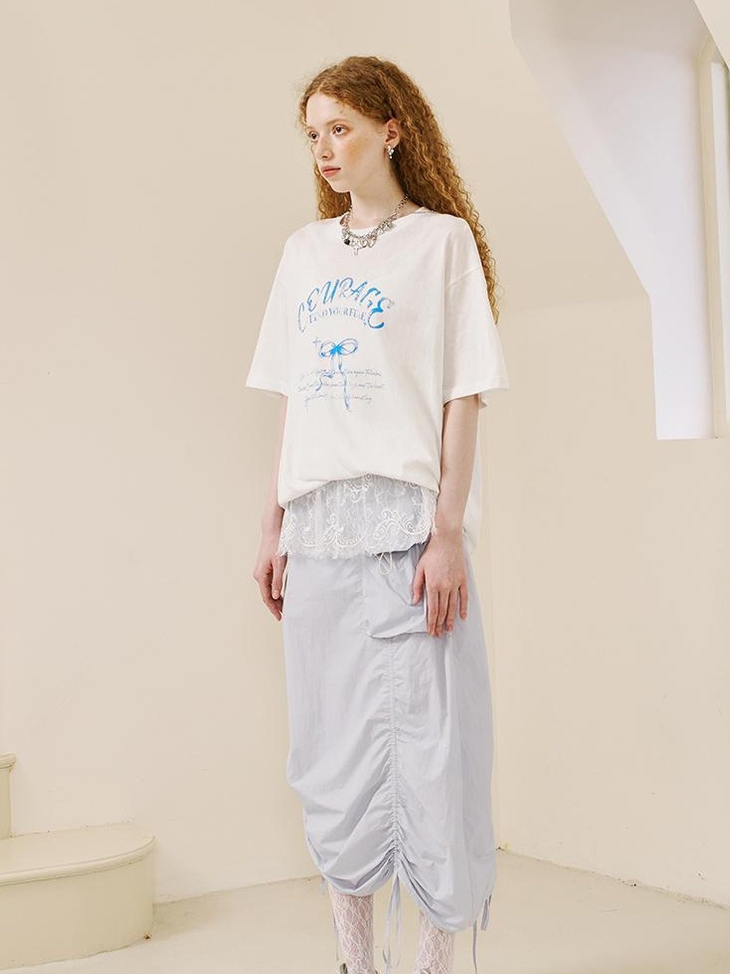 DIDDI MODA Lace Trimmed Pleated Tee Embroidered Mesh Skirt Set