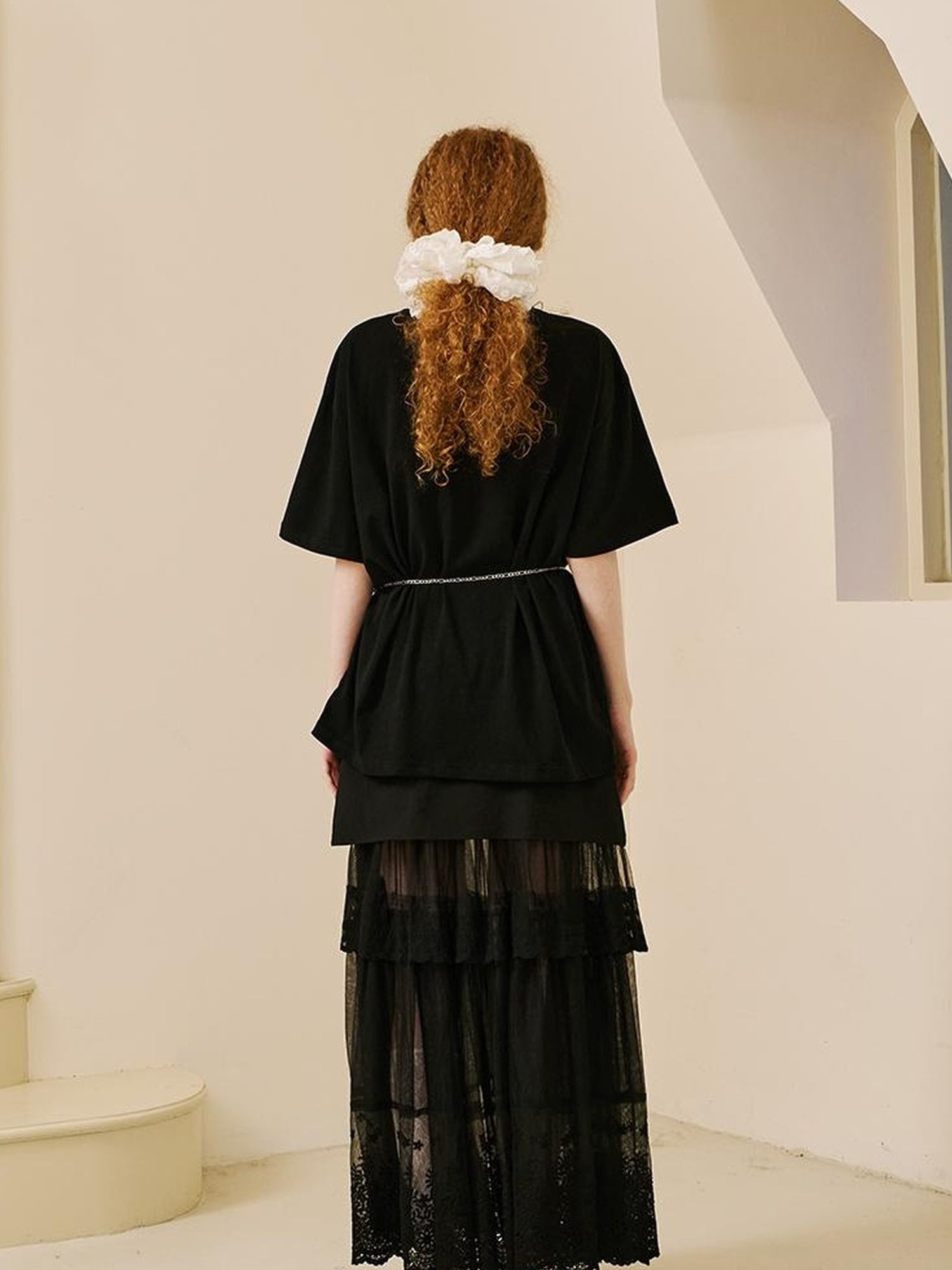 DIDDI MODA Lace Trimmed Pleated Tee Embroidered Mesh Skirt Set