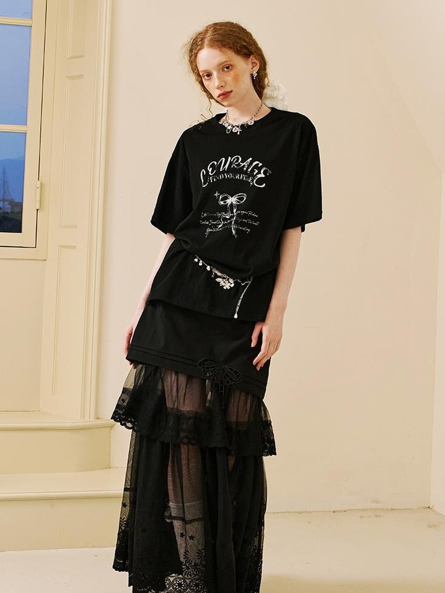 DIDDI MODA Lace Trimmed Pleated Tee Embroidered Mesh Skirt Set
