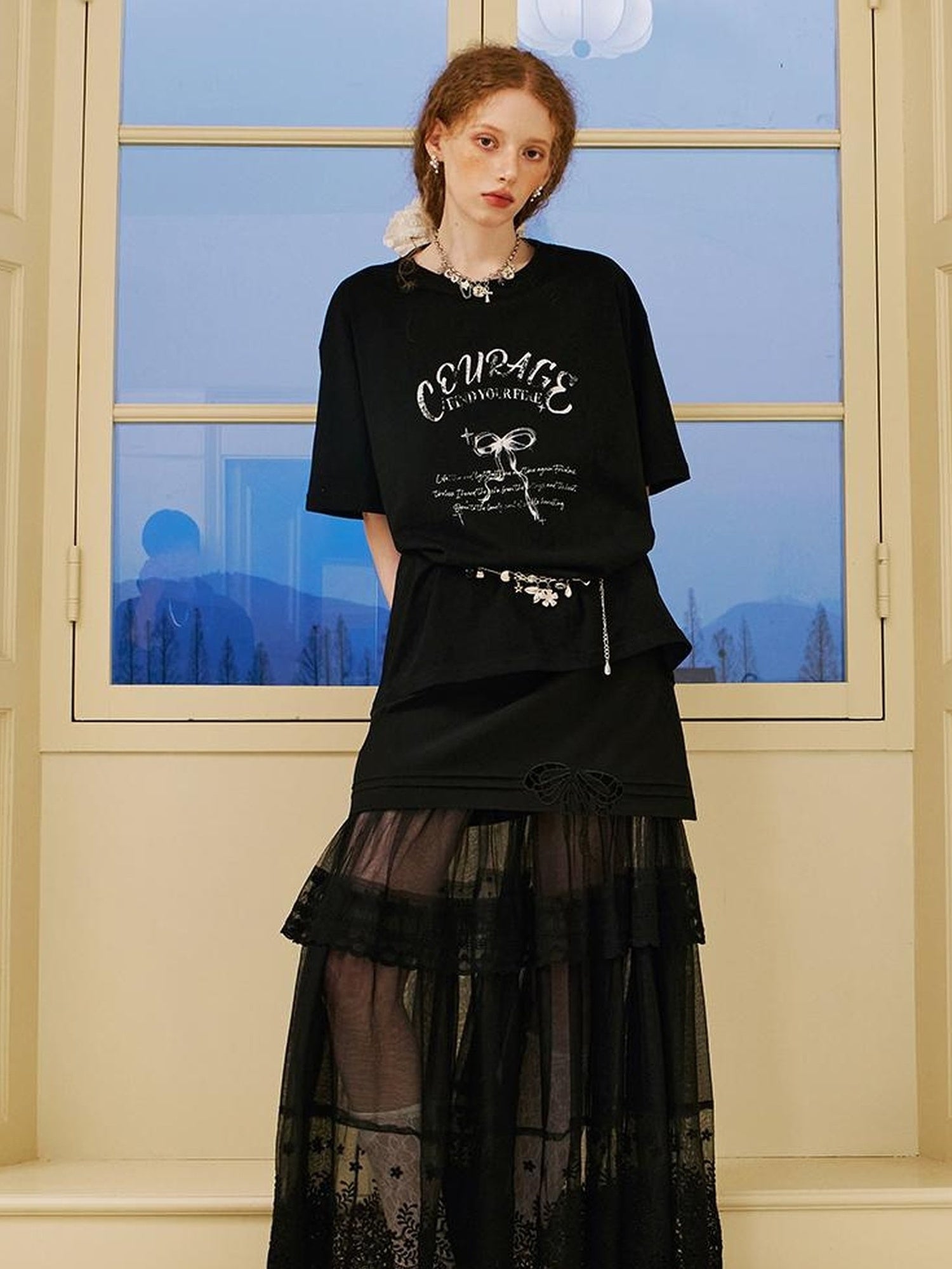 DIDDI MODA Lace Trimmed Pleated Tee Embroidered Mesh Skirt Set