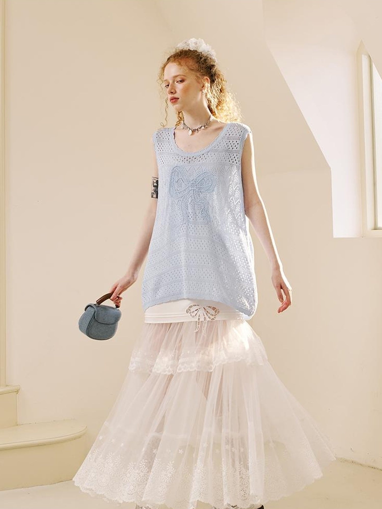 DIDDI MODA Lace Trimmed Pleated Tee Embroidered Mesh Skirt Set