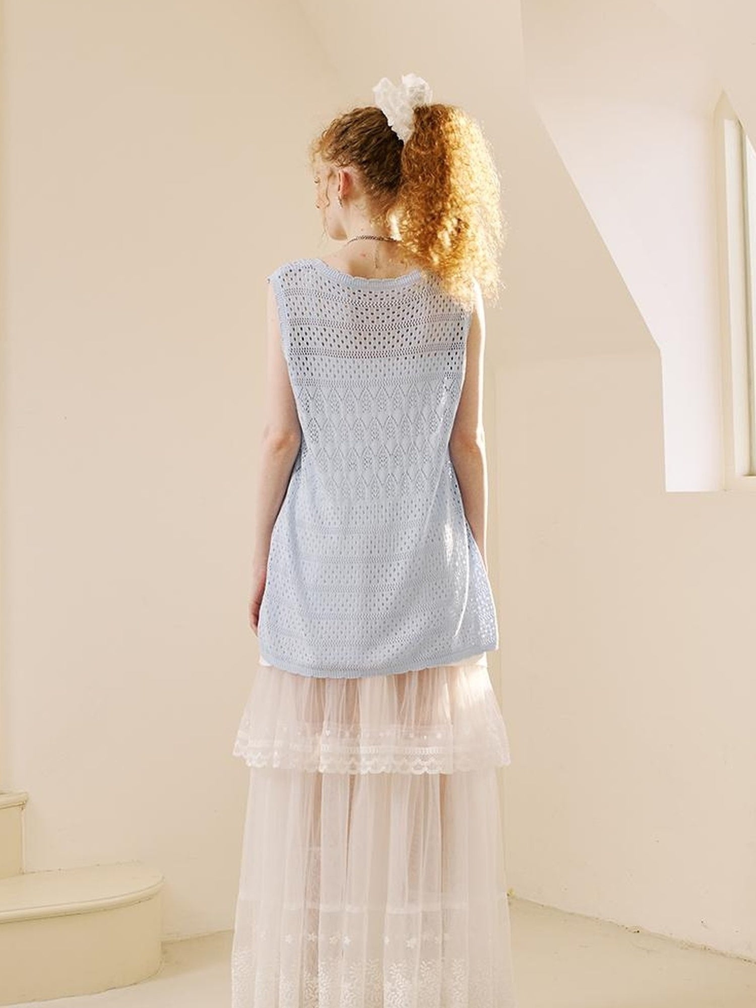 DIDDI MODA Lace Trimmed Pleated Tee Embroidered Mesh Skirt Set
