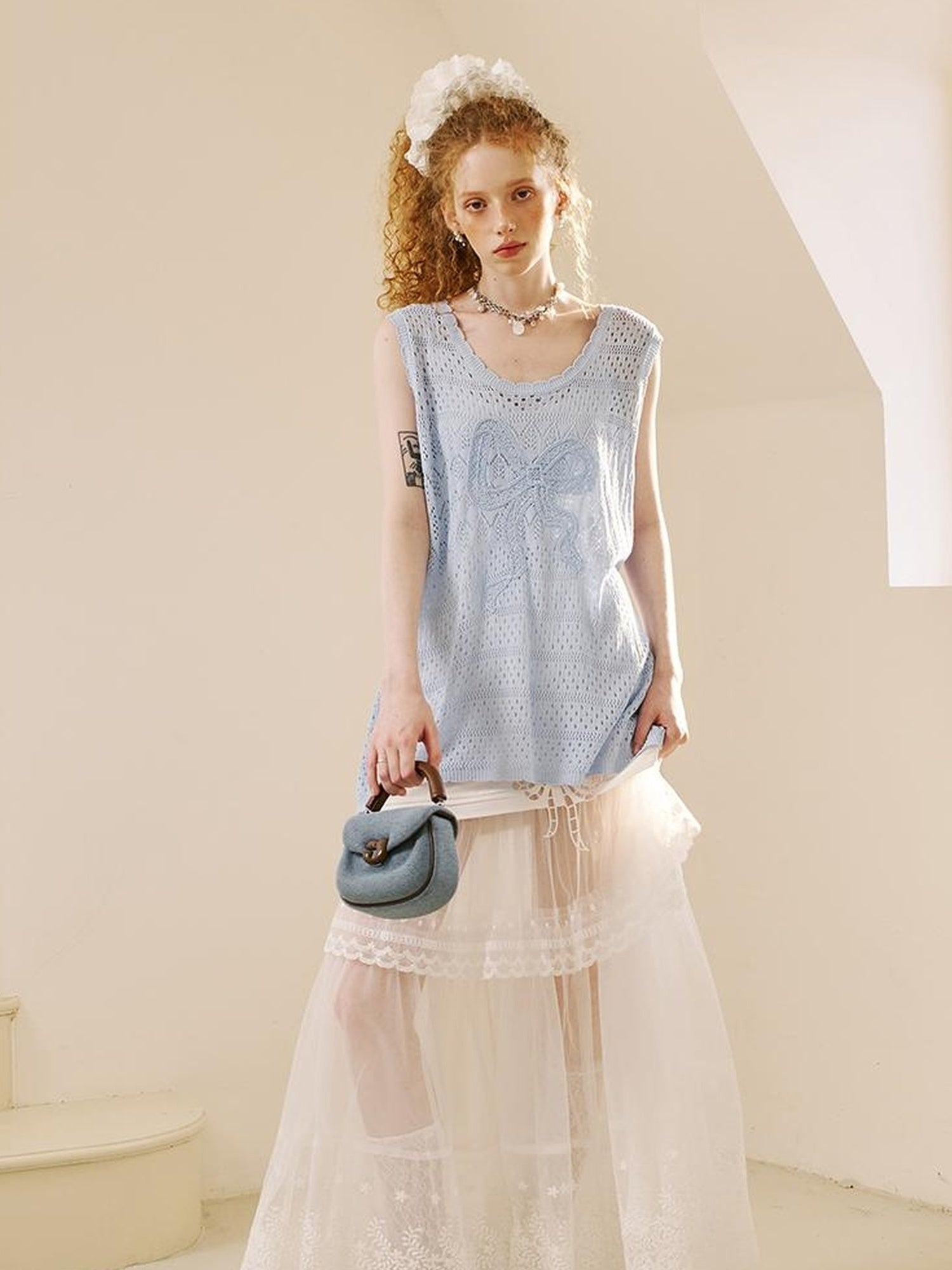 DIDDI MODA Lace Trimmed Pleated Tee Embroidered Mesh Skirt Set
