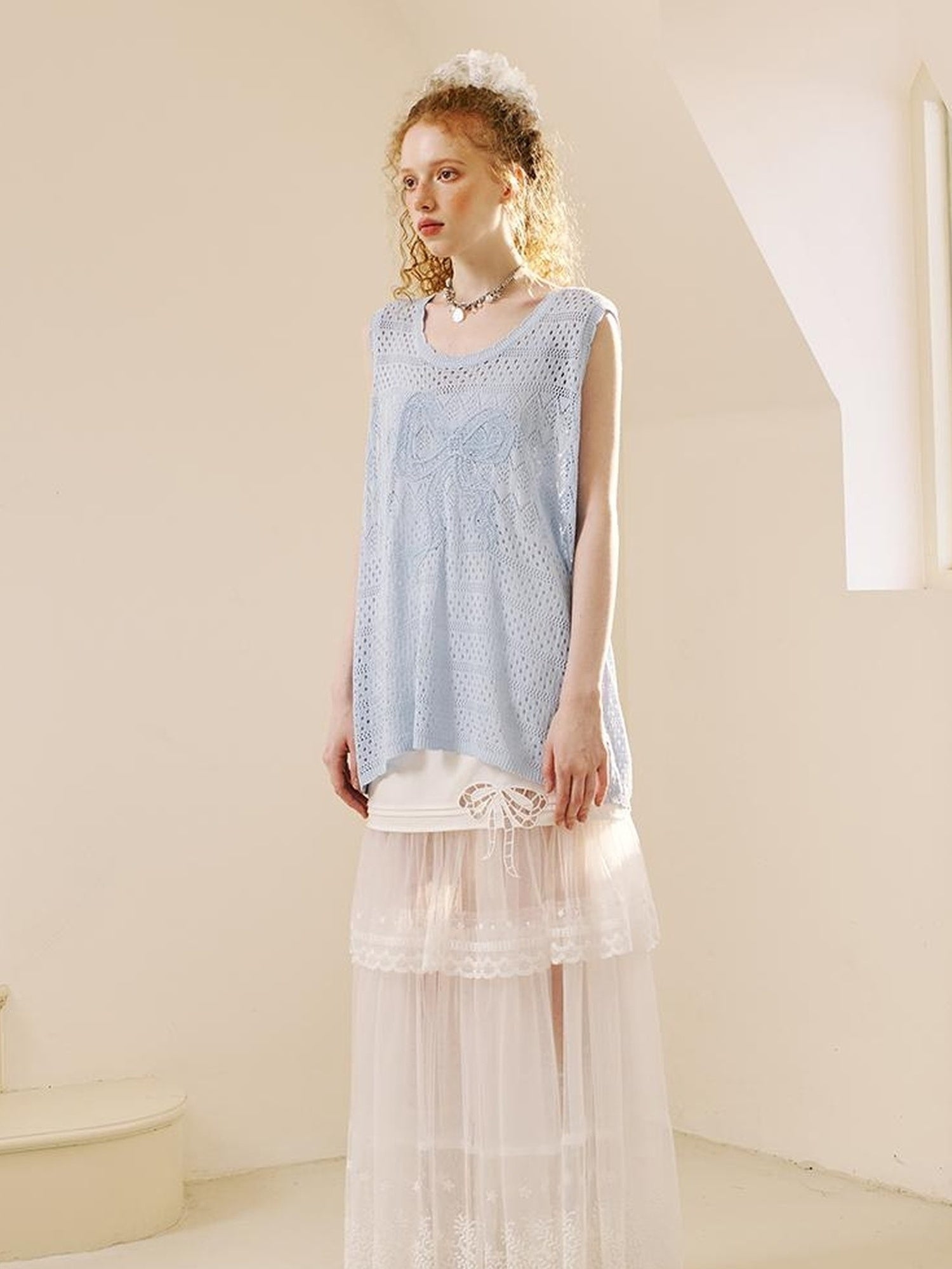DIDDI MODA Lace Trimmed Pleated Tee Embroidered Mesh Skirt Set