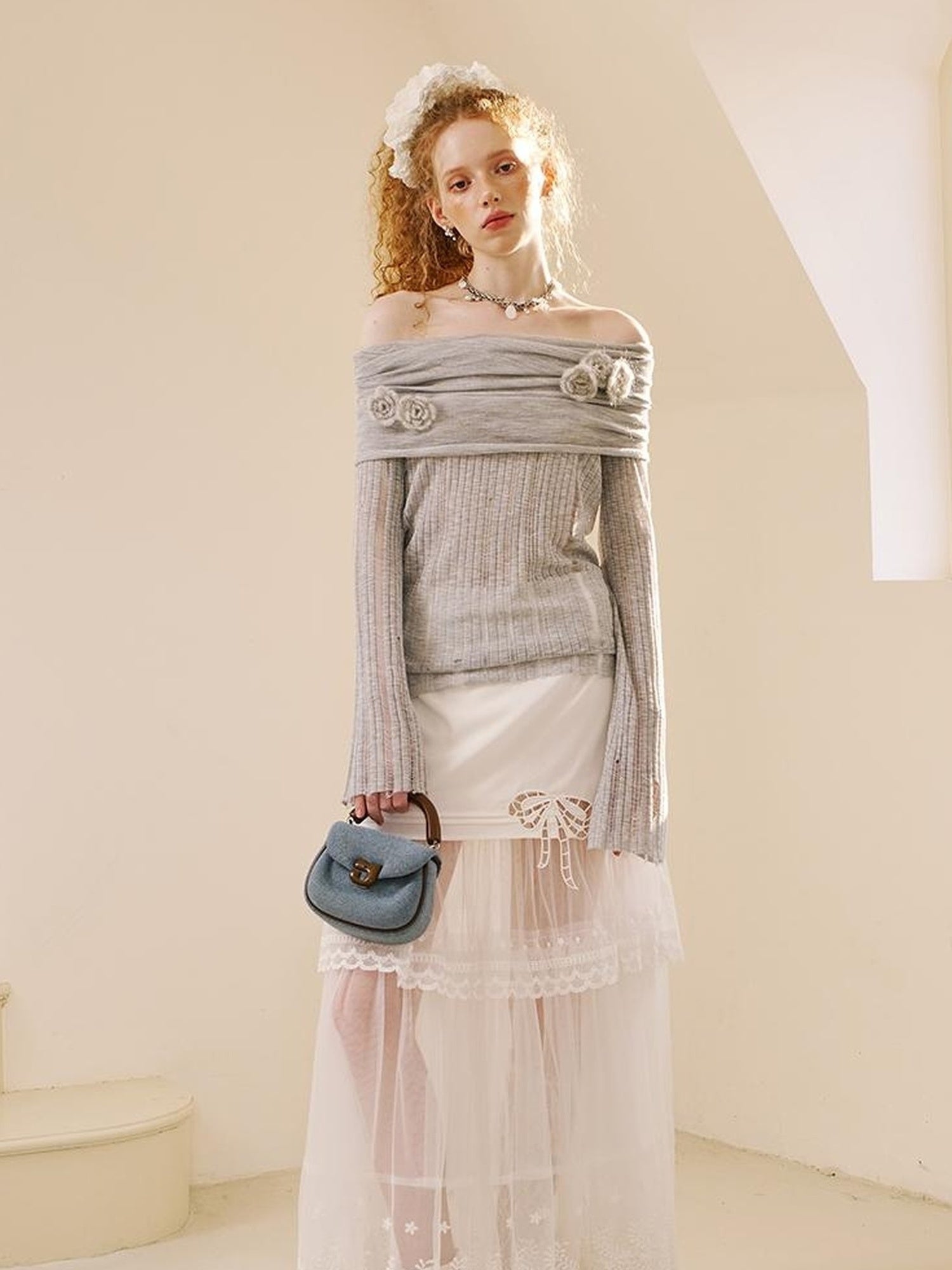 DIDDI MODA Lace Trimmed Pleated Tee Embroidered Mesh Skirt Set