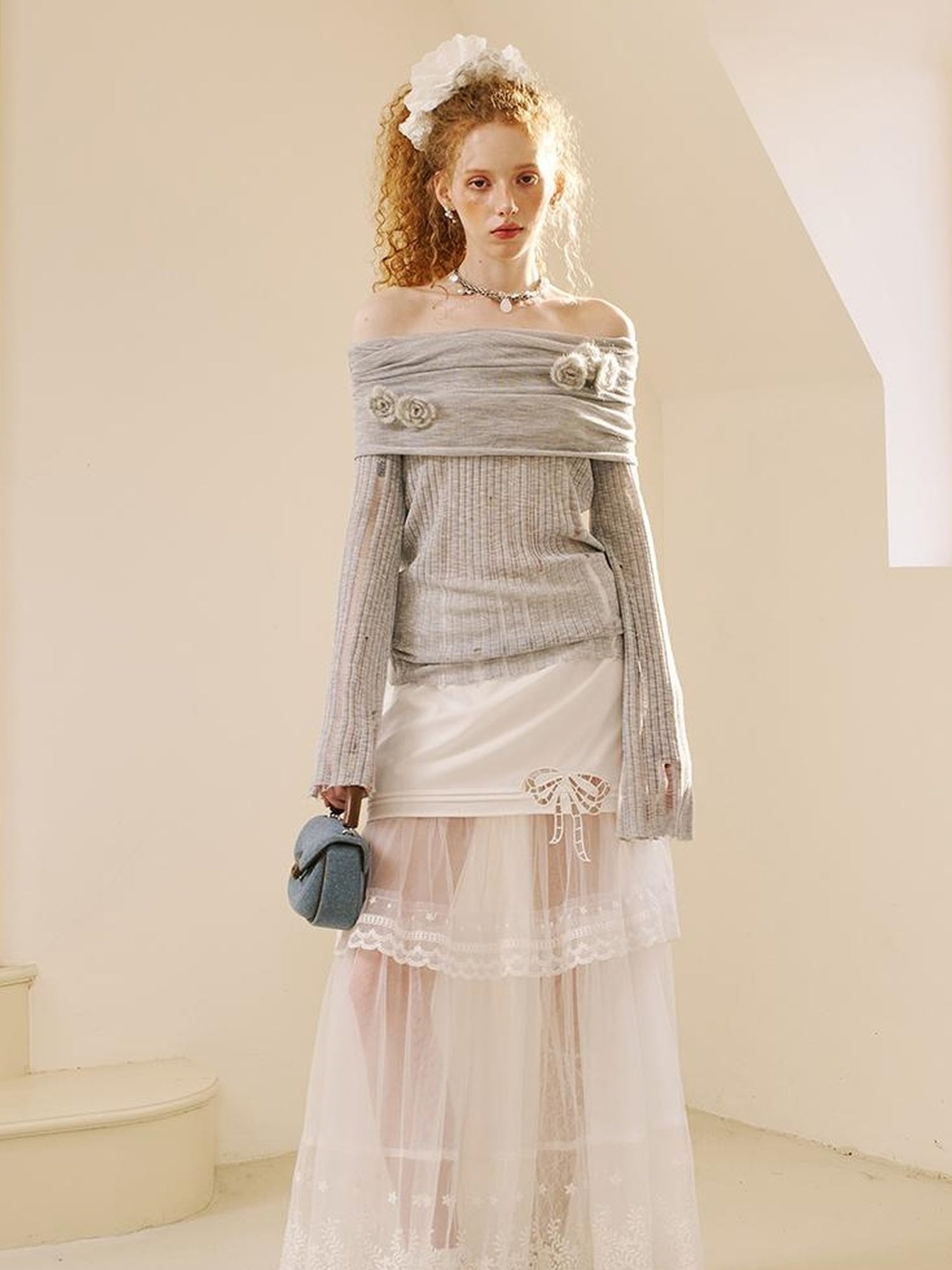 DIDDI MODA Lace Trimmed Pleated Tee Embroidered Mesh Skirt Set