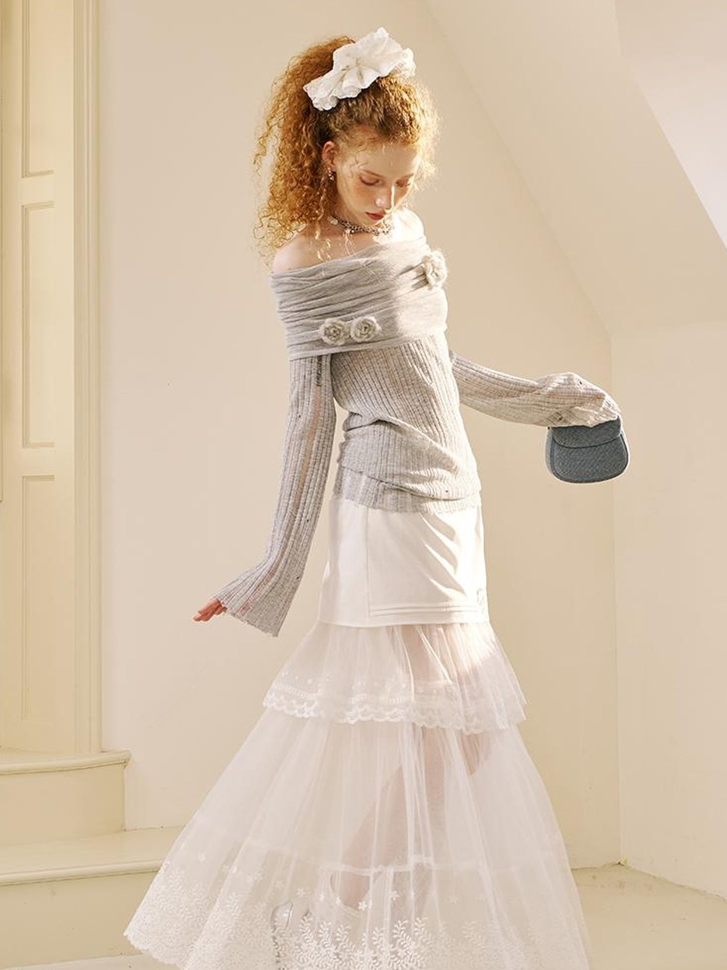 DIDDI MODA Lace Trimmed Pleated Tee Embroidered Mesh Skirt Set