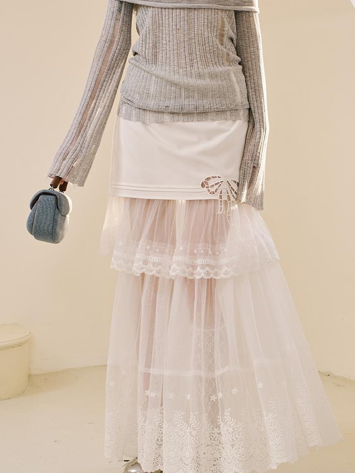 DIDDI MODA Lace Trimmed Pleated Tee Embroidered Mesh Skirt Set