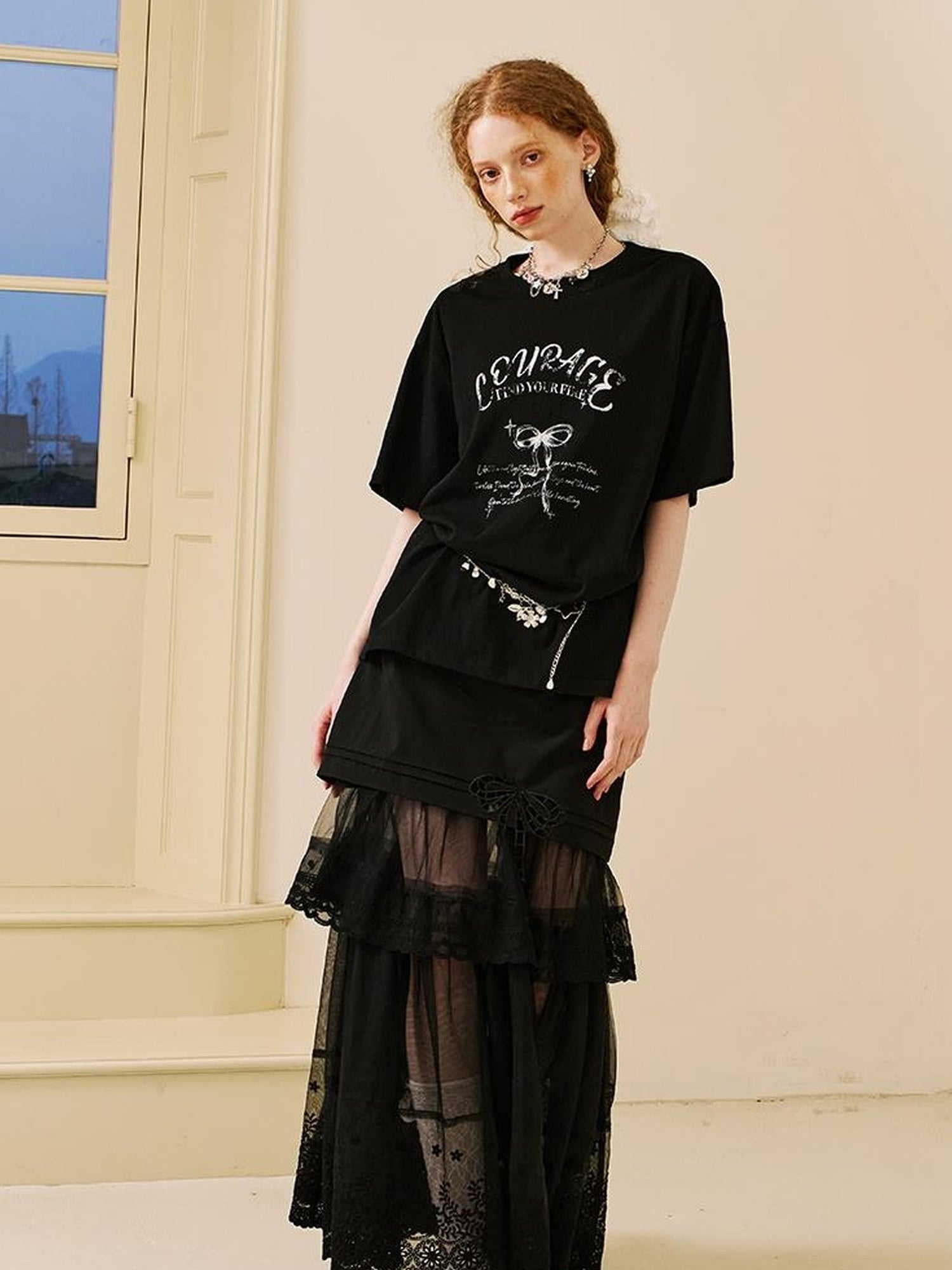 DIDDI MODA Lace Trimmed Pleated Tee Embroidered Mesh Skirt Set