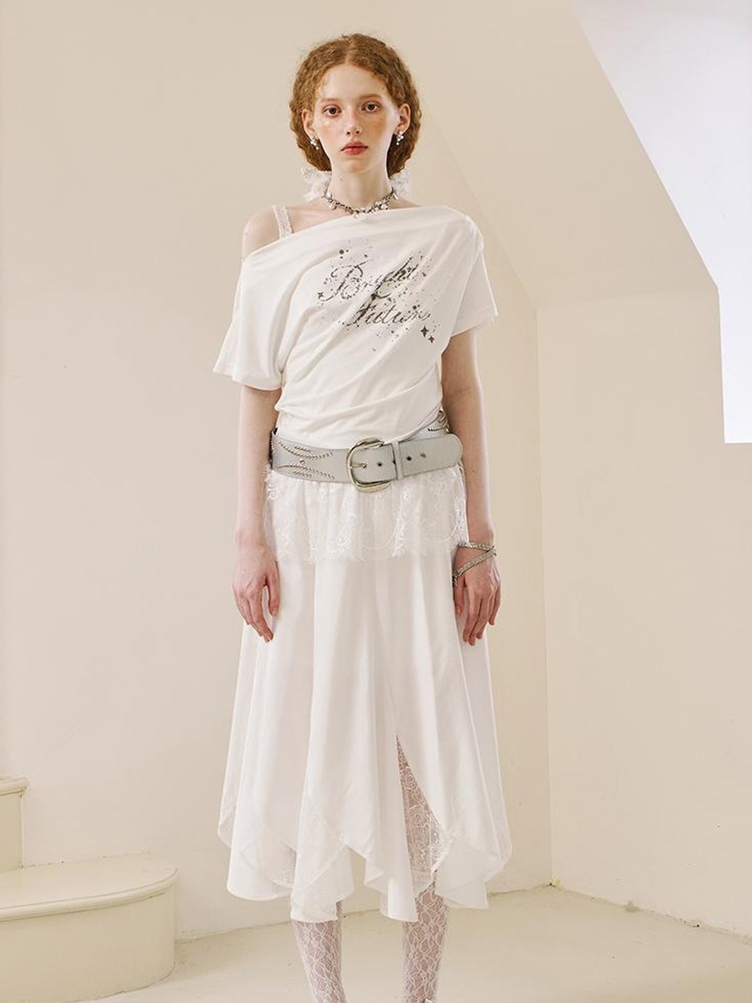 DIDDI MODA Lace Trimmed Pleated Tee Embroidered Mesh Skirt Set