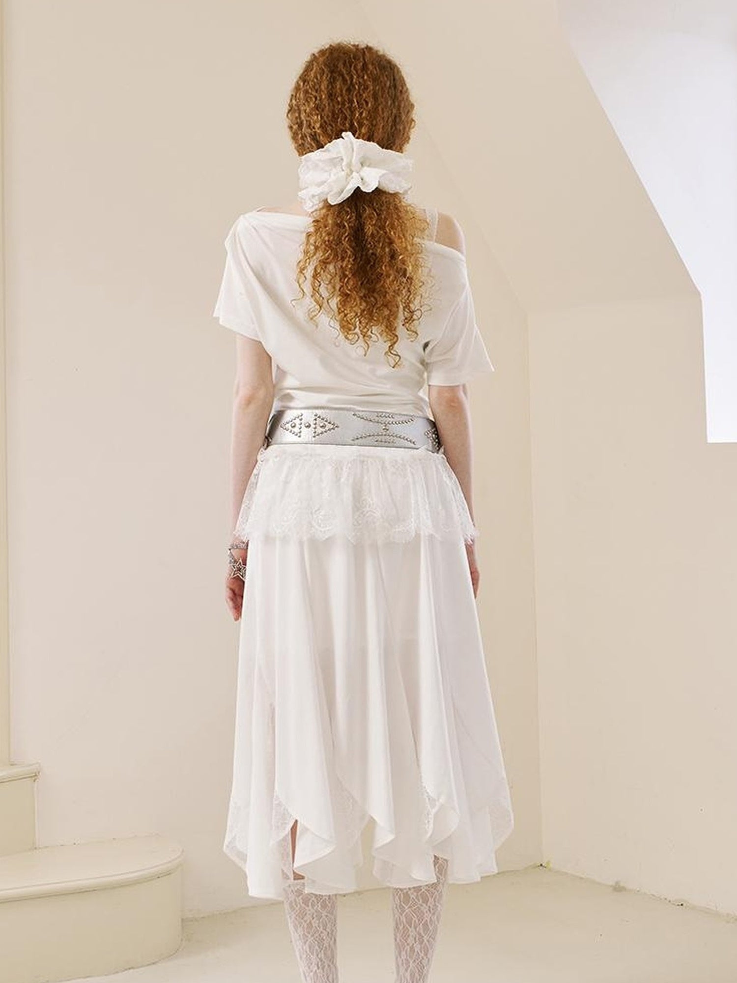 DIDDI MODA Lace Trimmed Pleated Tee Embroidered Mesh Skirt Set