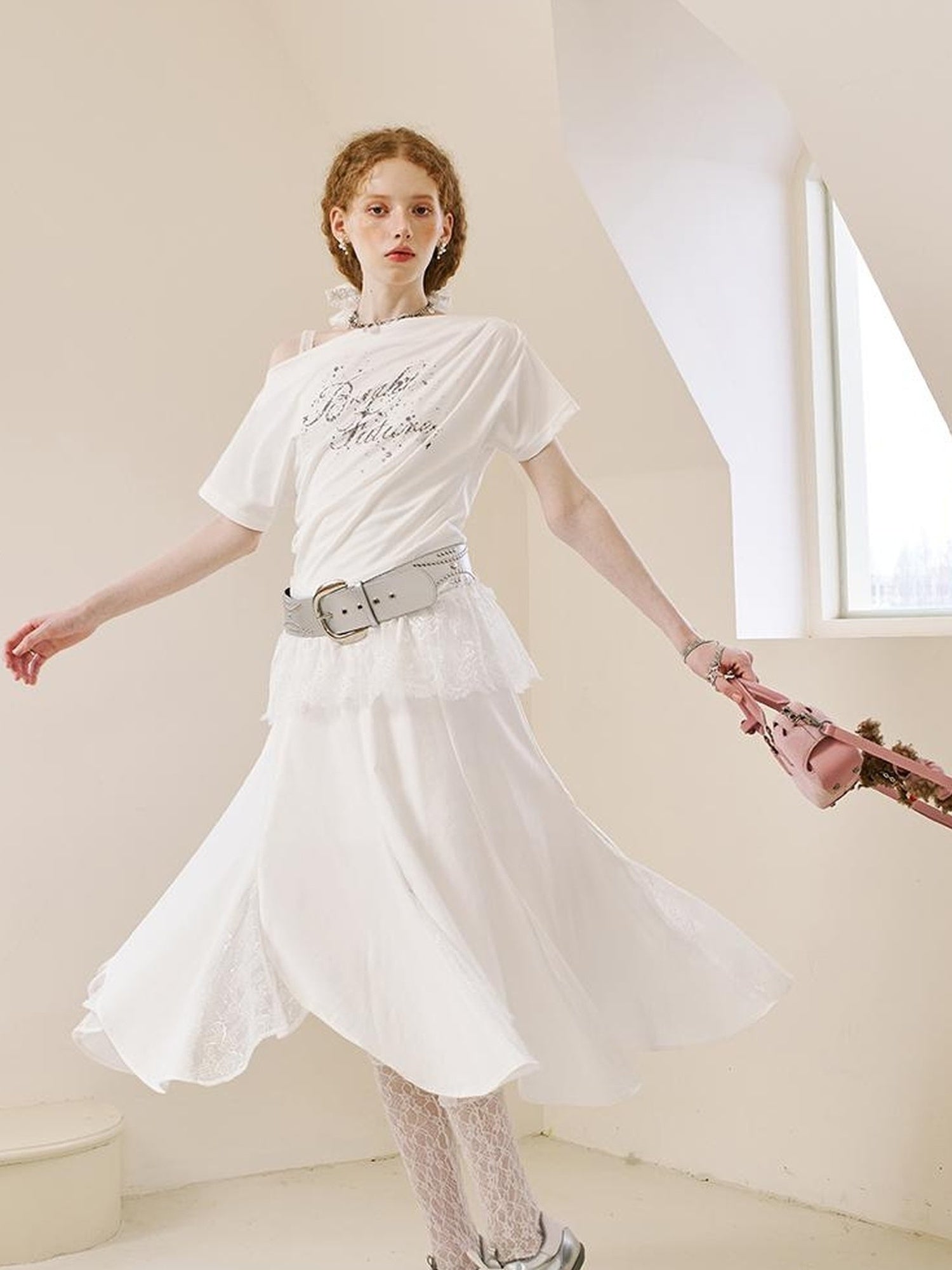 DIDDI MODA Lace Trimmed Pleated Tee Embroidered Mesh Skirt Set