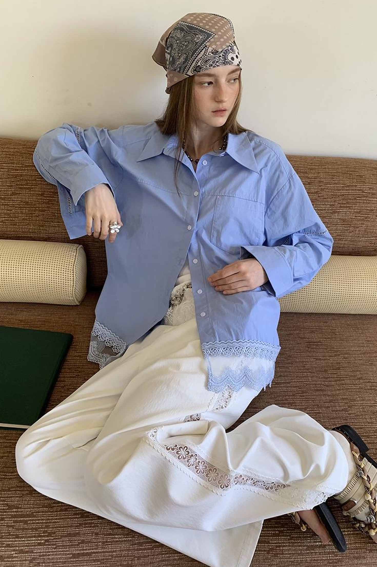 DIDDI MODA Lace Trimmed Relaxed Cotton Shirt With Floral Hem Detail