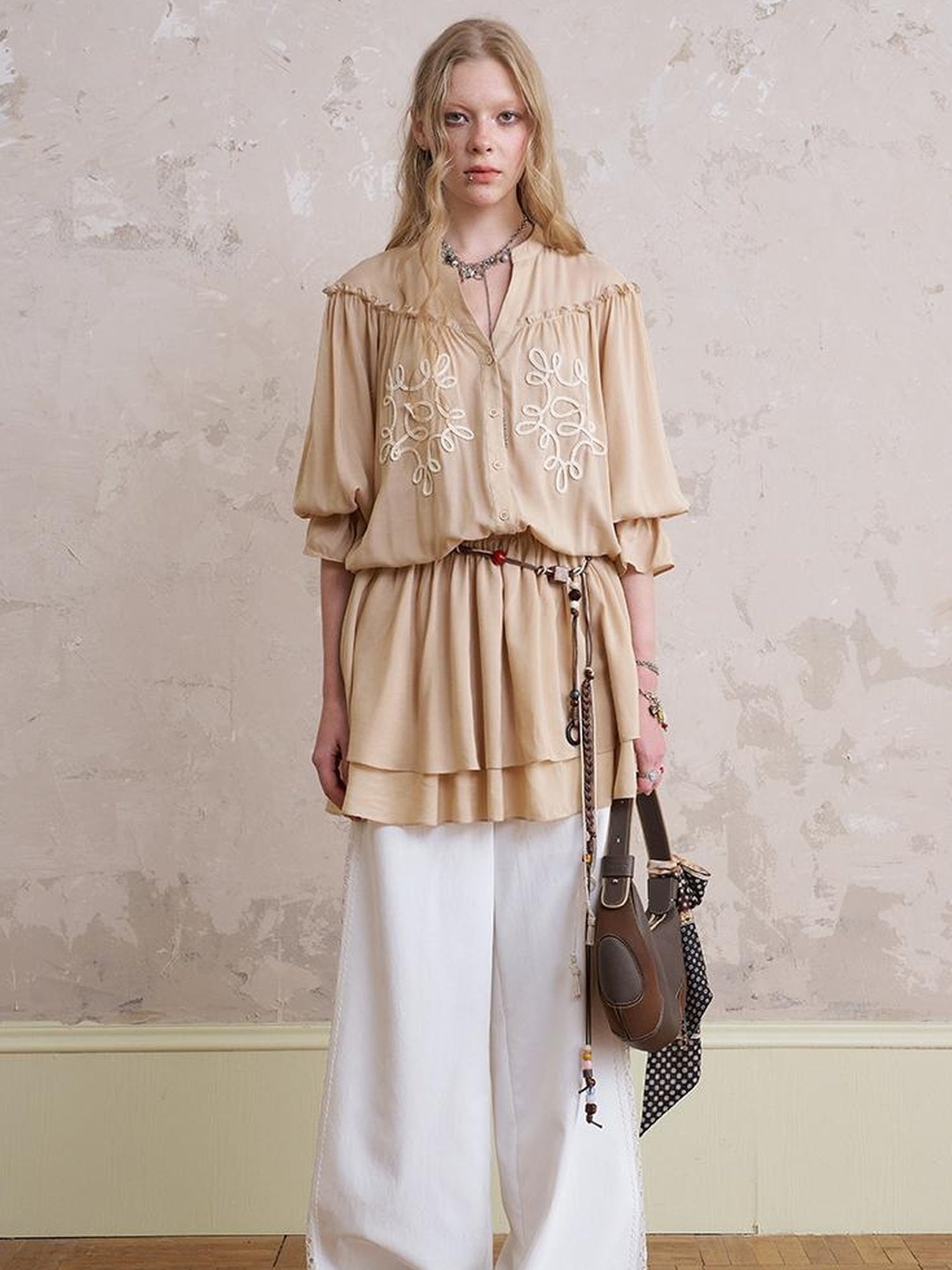 DIDDI MODA Lace Trimmed Relaxed Wide Leg Pants