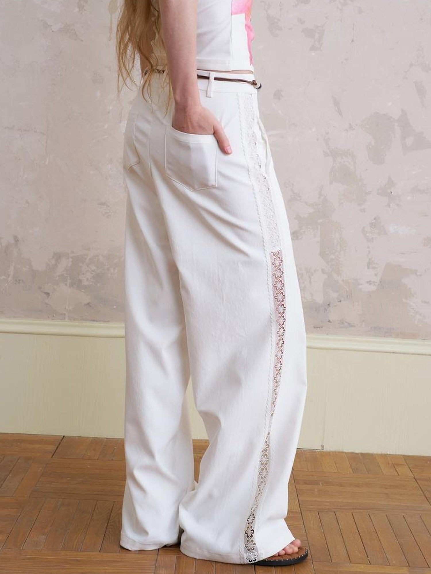 DIDDI MODA Lace Trimmed Relaxed Wide Leg Pants