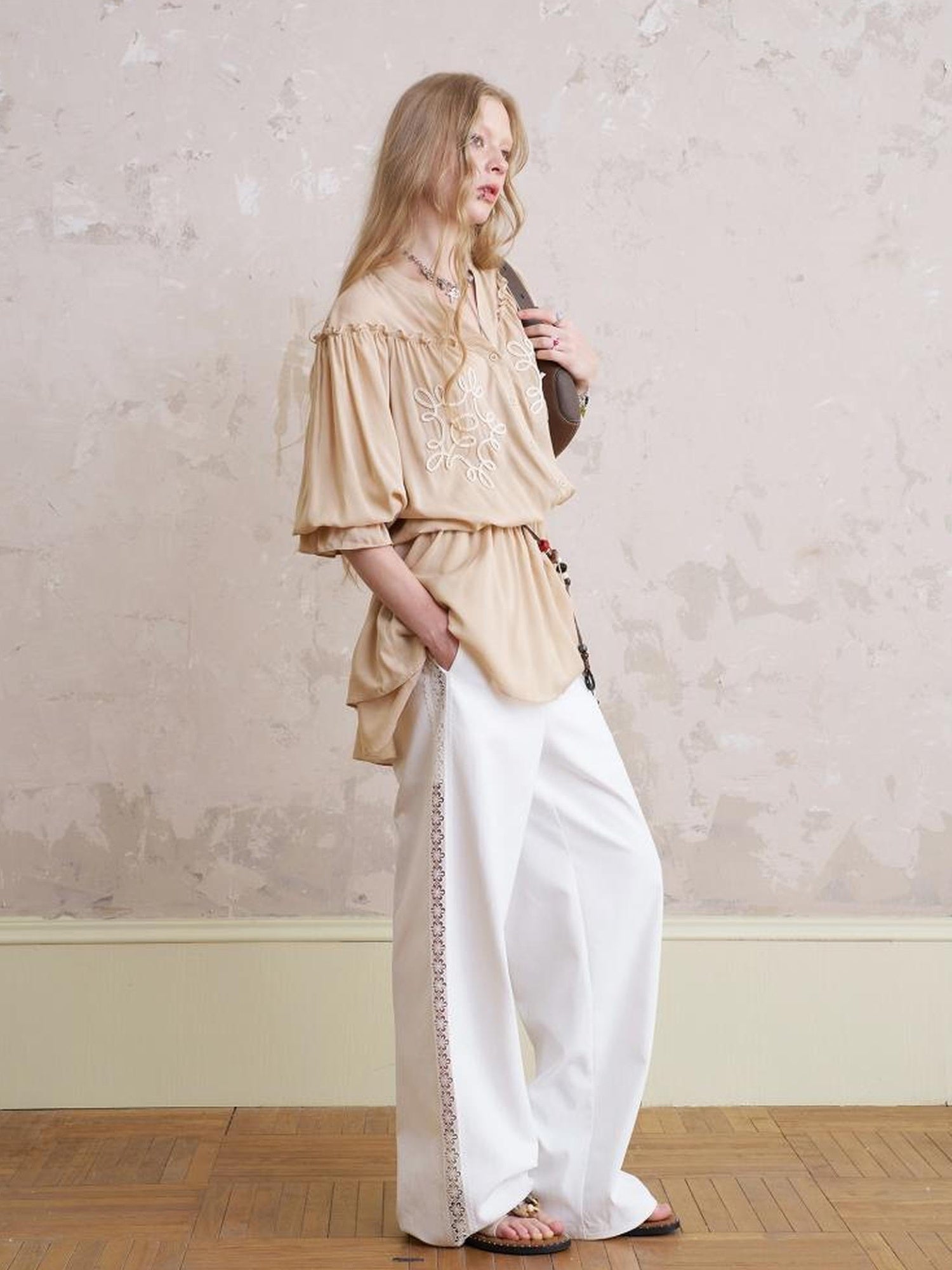 DIDDI MODA Lace Trimmed Relaxed Wide Leg Pants