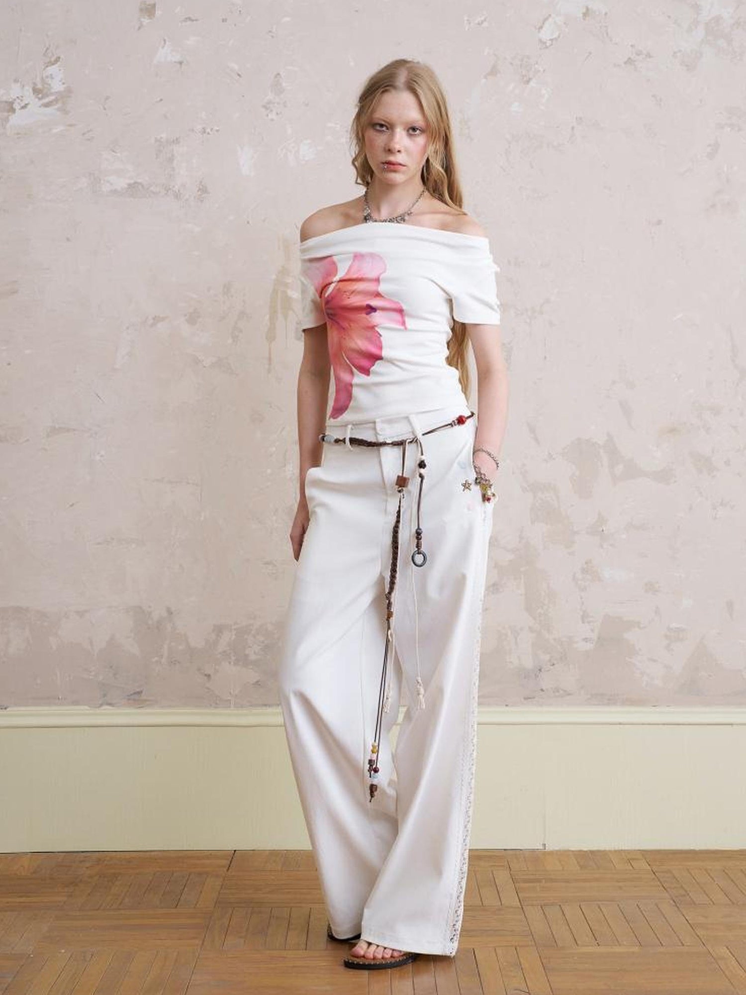 DIDDI MODA Lace Trimmed Relaxed Wide Leg Pants