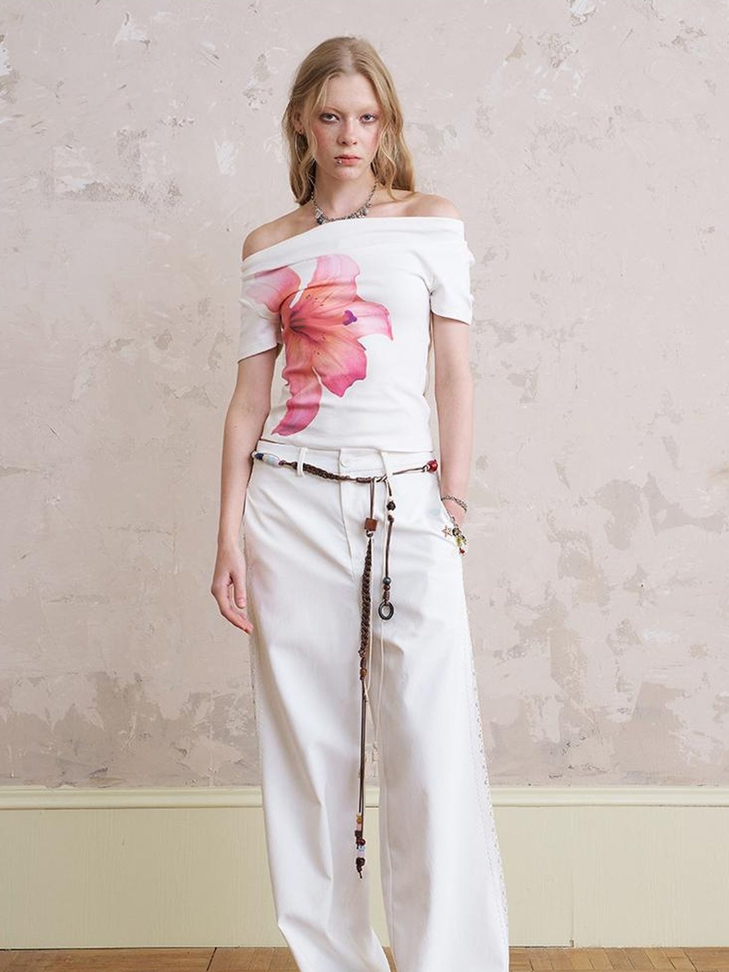 DIDDI MODA Lace Trimmed Relaxed Wide Leg Pants