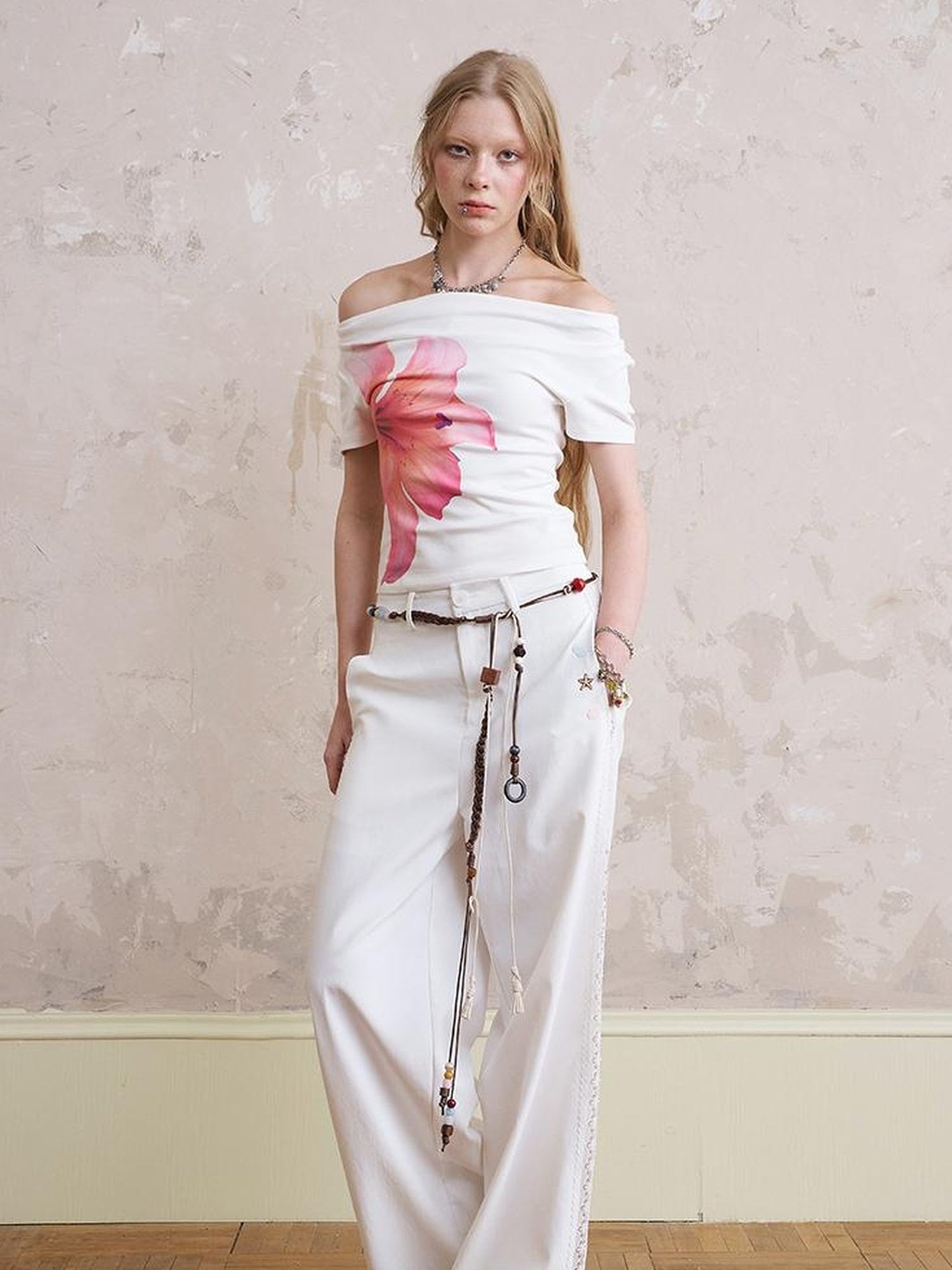 DIDDI MODA Lace Trimmed Relaxed Wide Leg Pants