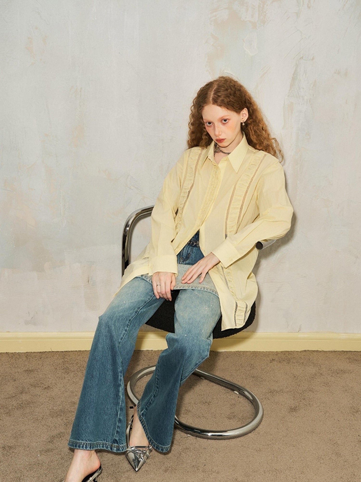 DIDDI MODA Lace Trimmed Sheer Ruffle Blouse