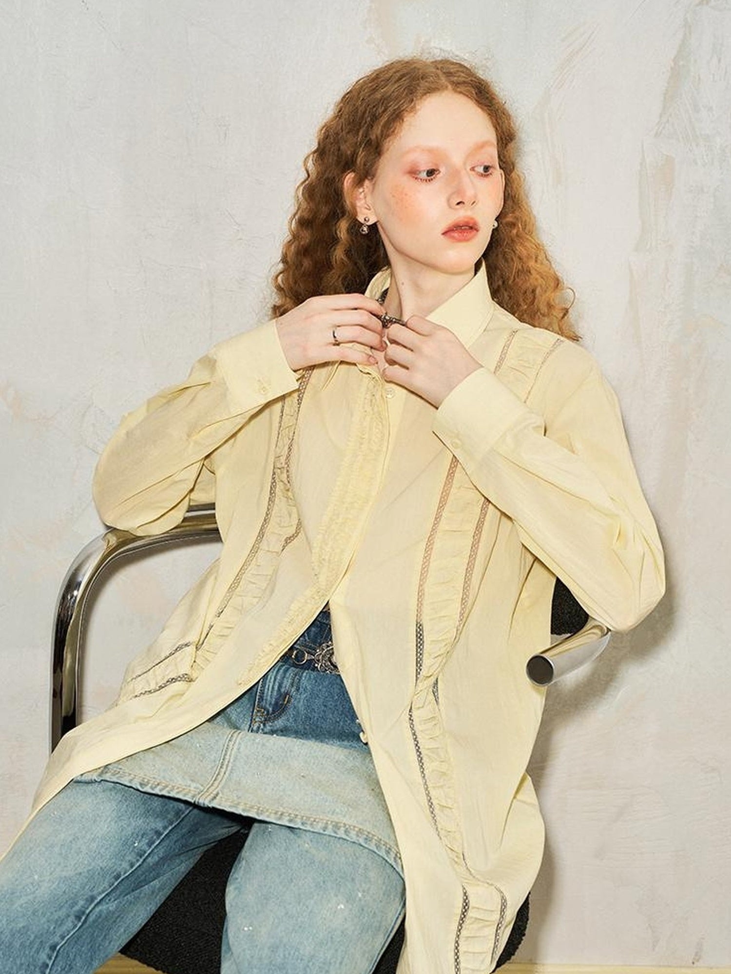 DIDDI MODA Lace Trimmed Sheer Ruffle Blouse