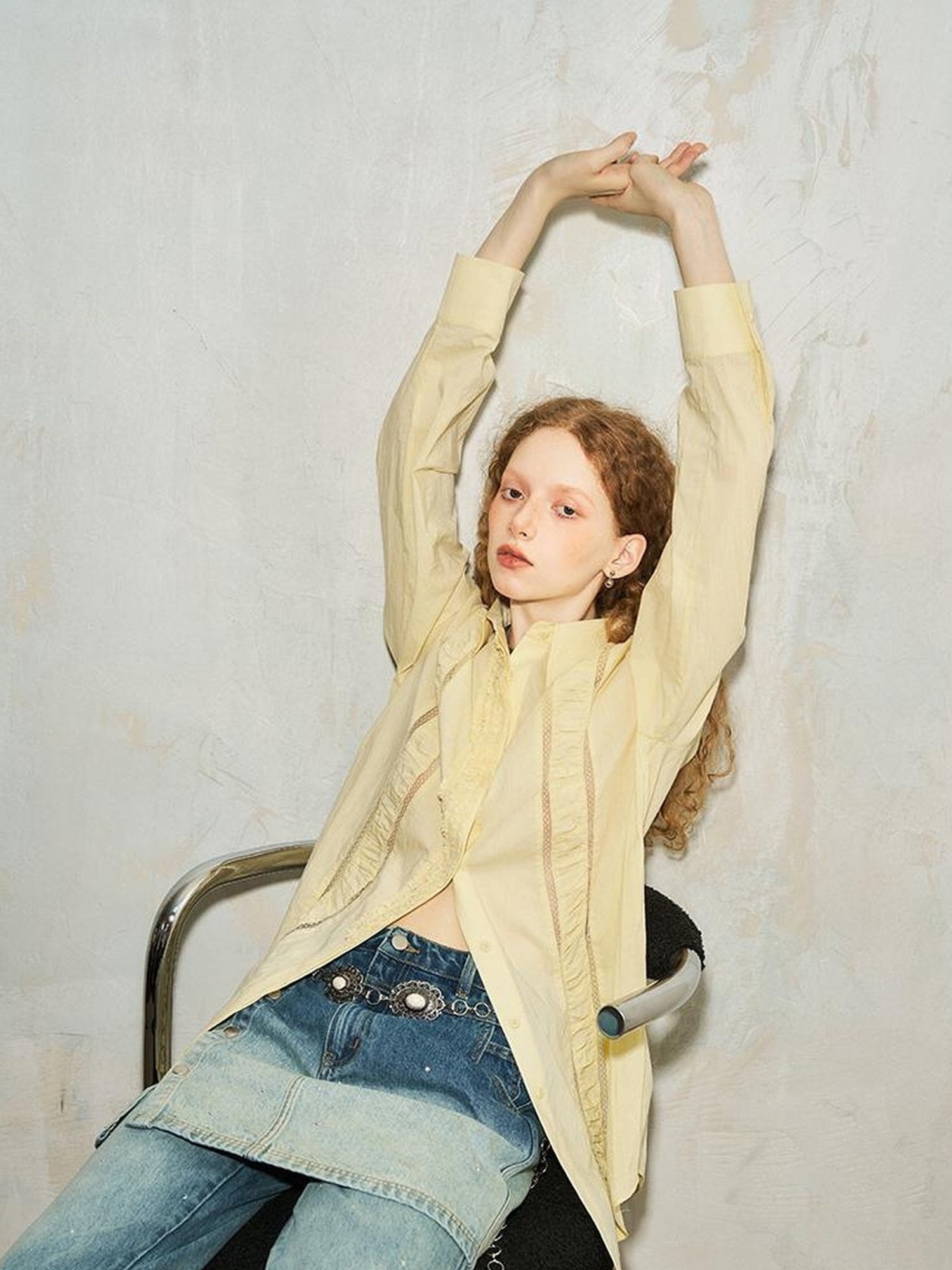 DIDDI MODA Lace Trimmed Sheer Ruffle Blouse