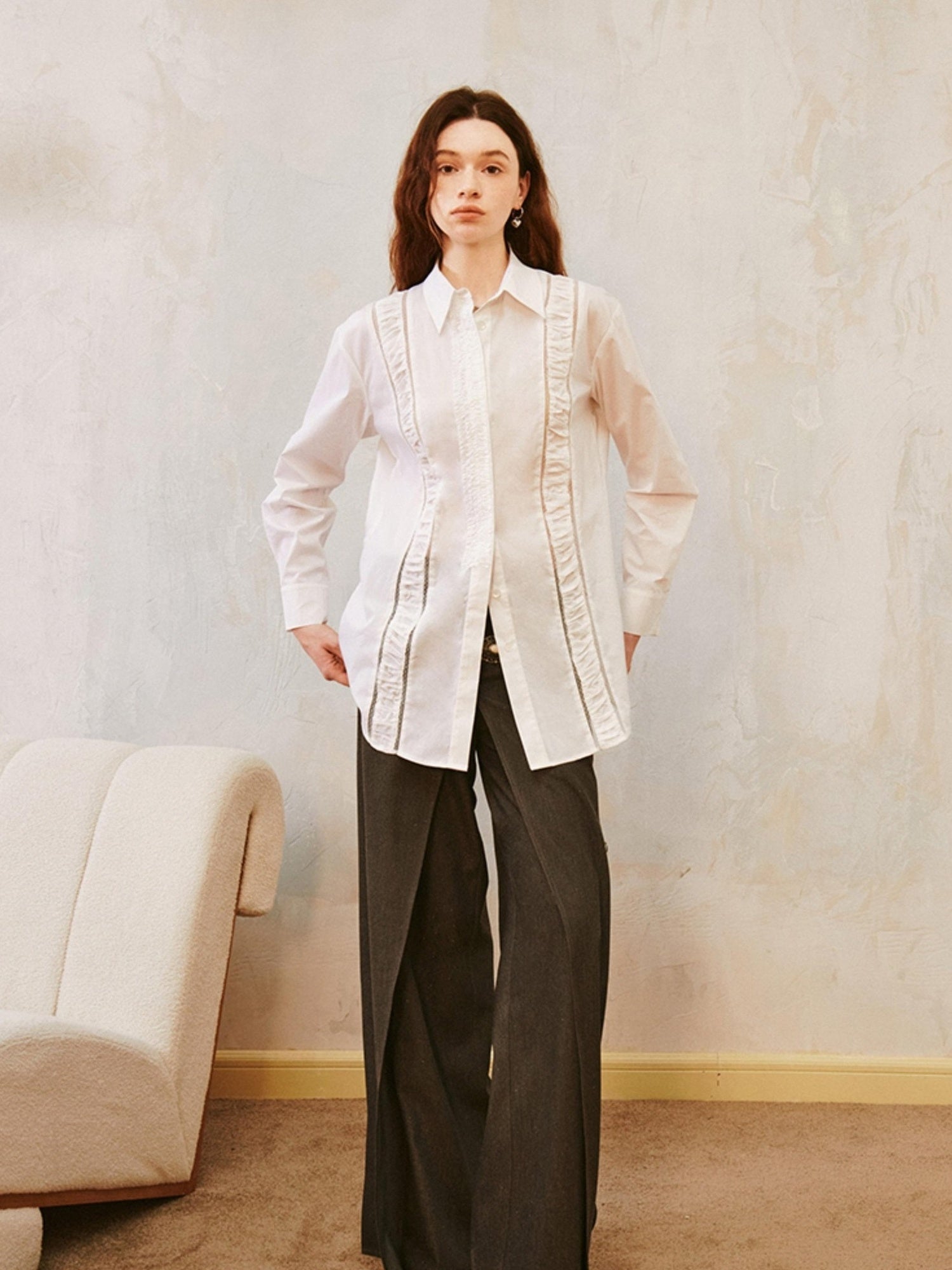 DIDDI MODA Lace Trimmed Sheer Ruffle Blouse