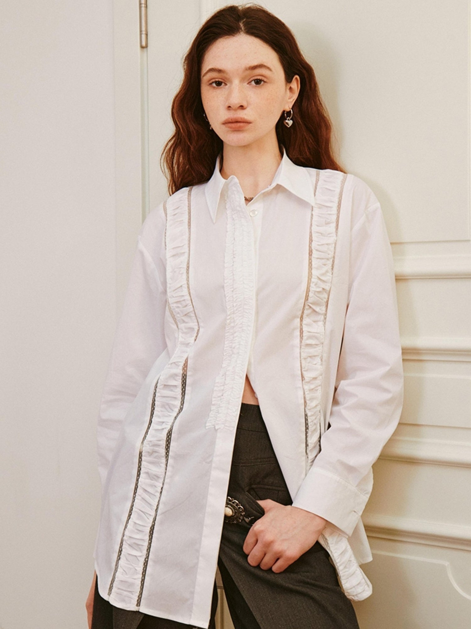 DIDDI MODA Lace Trimmed Sheer Ruffle Blouse