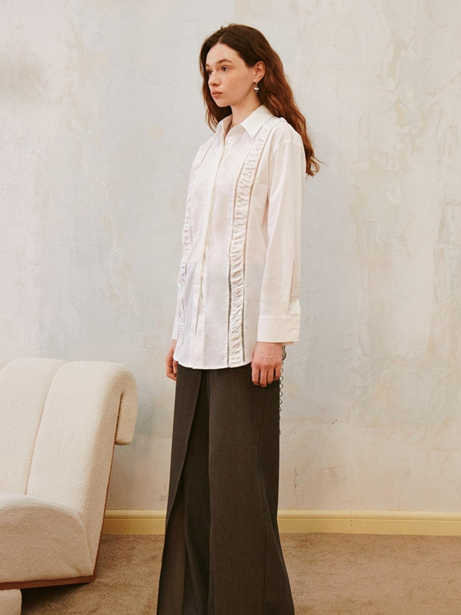 DIDDI MODA Lace Trimmed Sheer Ruffle Blouse