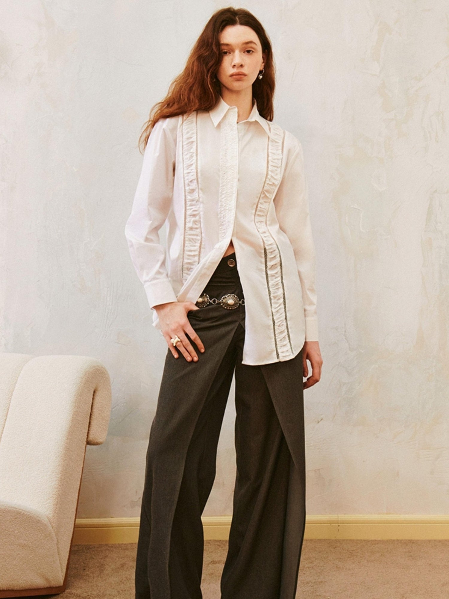 DIDDI MODA Lace Trimmed Sheer Ruffle Blouse