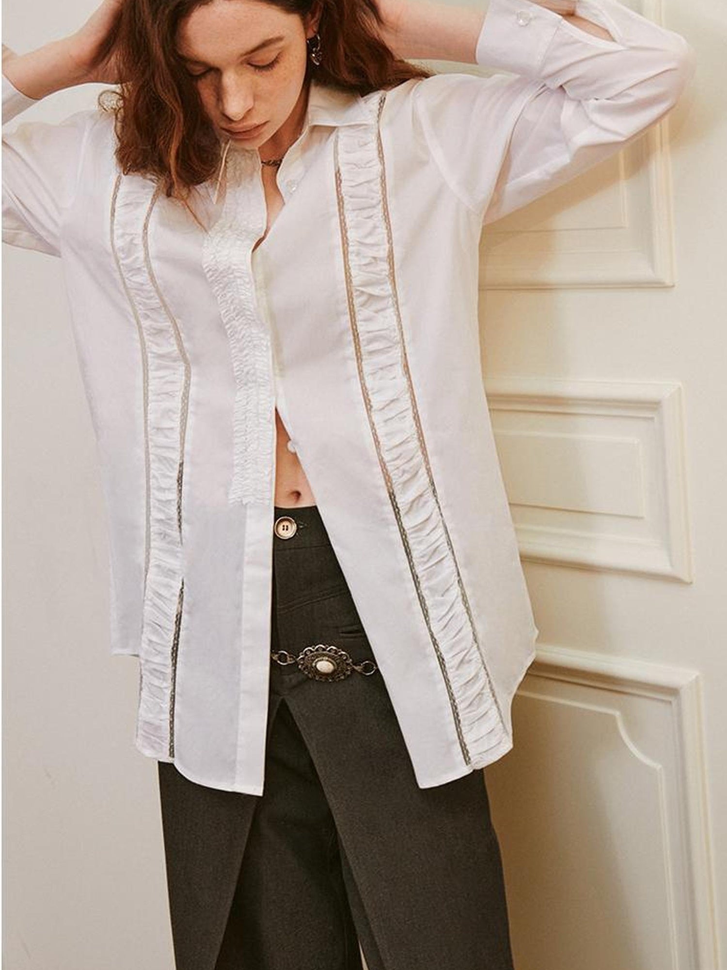 DIDDI MODA Lace Trimmed Sheer Ruffle Blouse