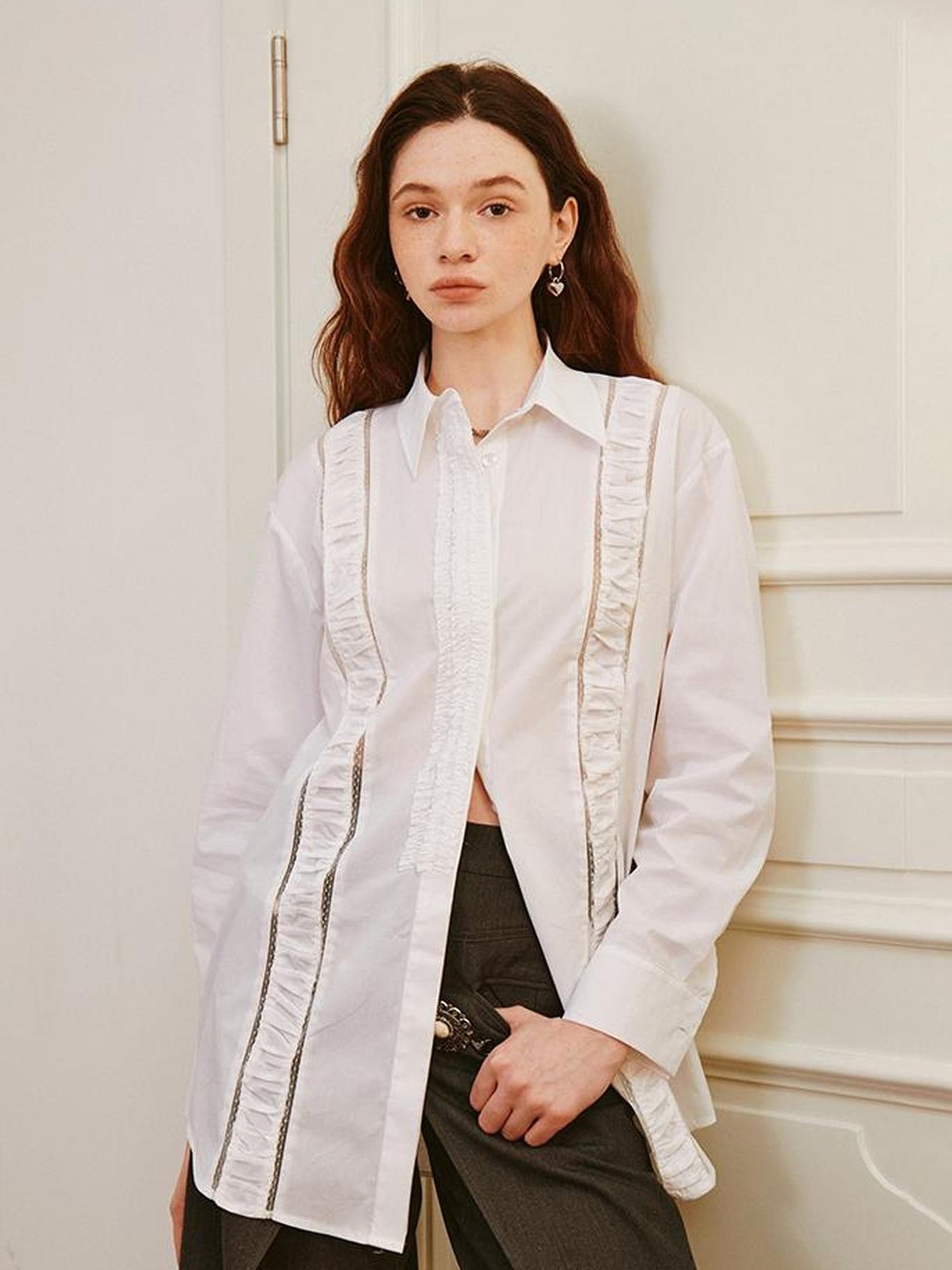 DIDDI MODA Lace Trimmed Sheer Ruffle Blouse