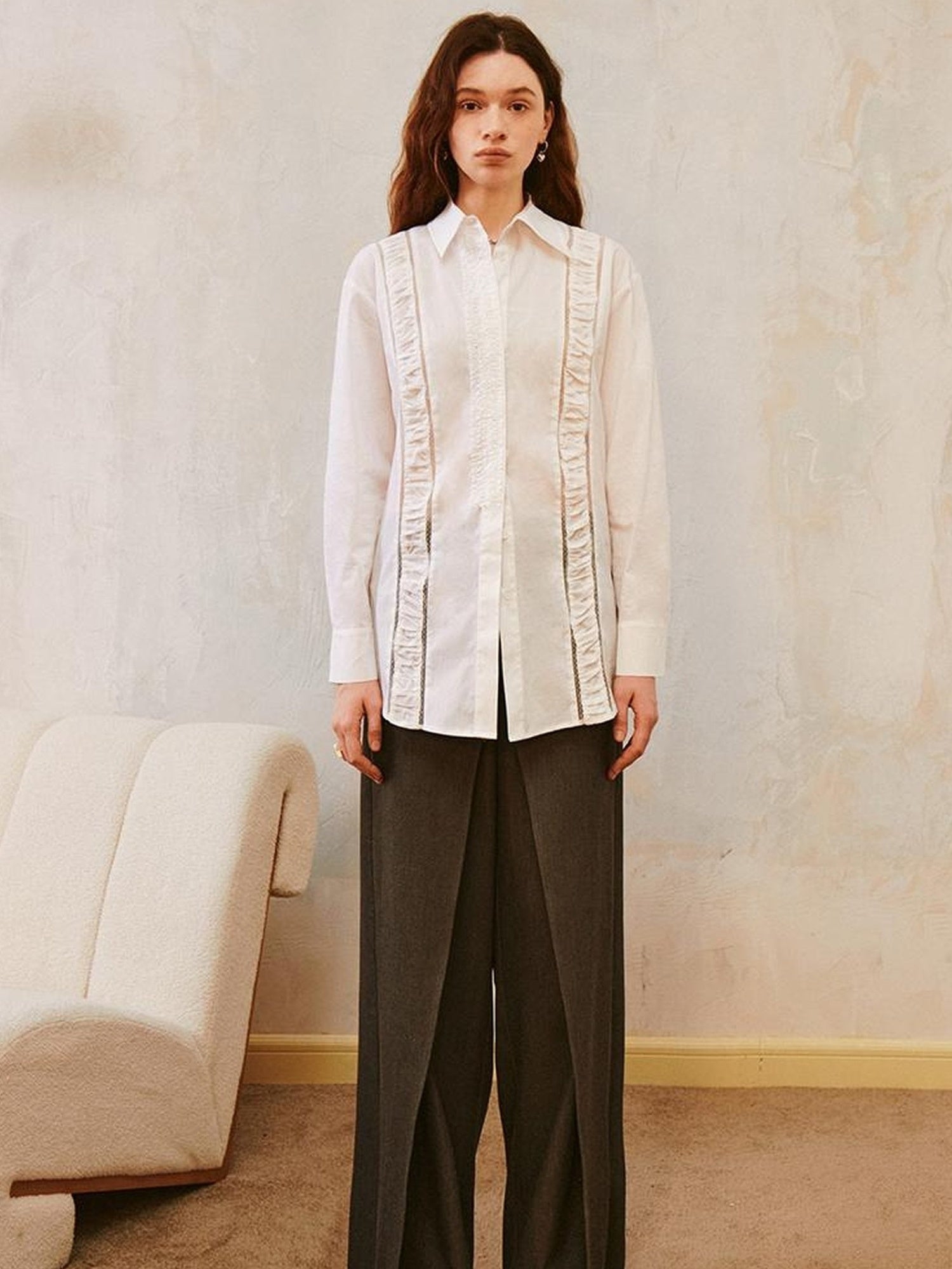 DIDDI MODA Lace Trimmed Sheer Ruffle Blouse