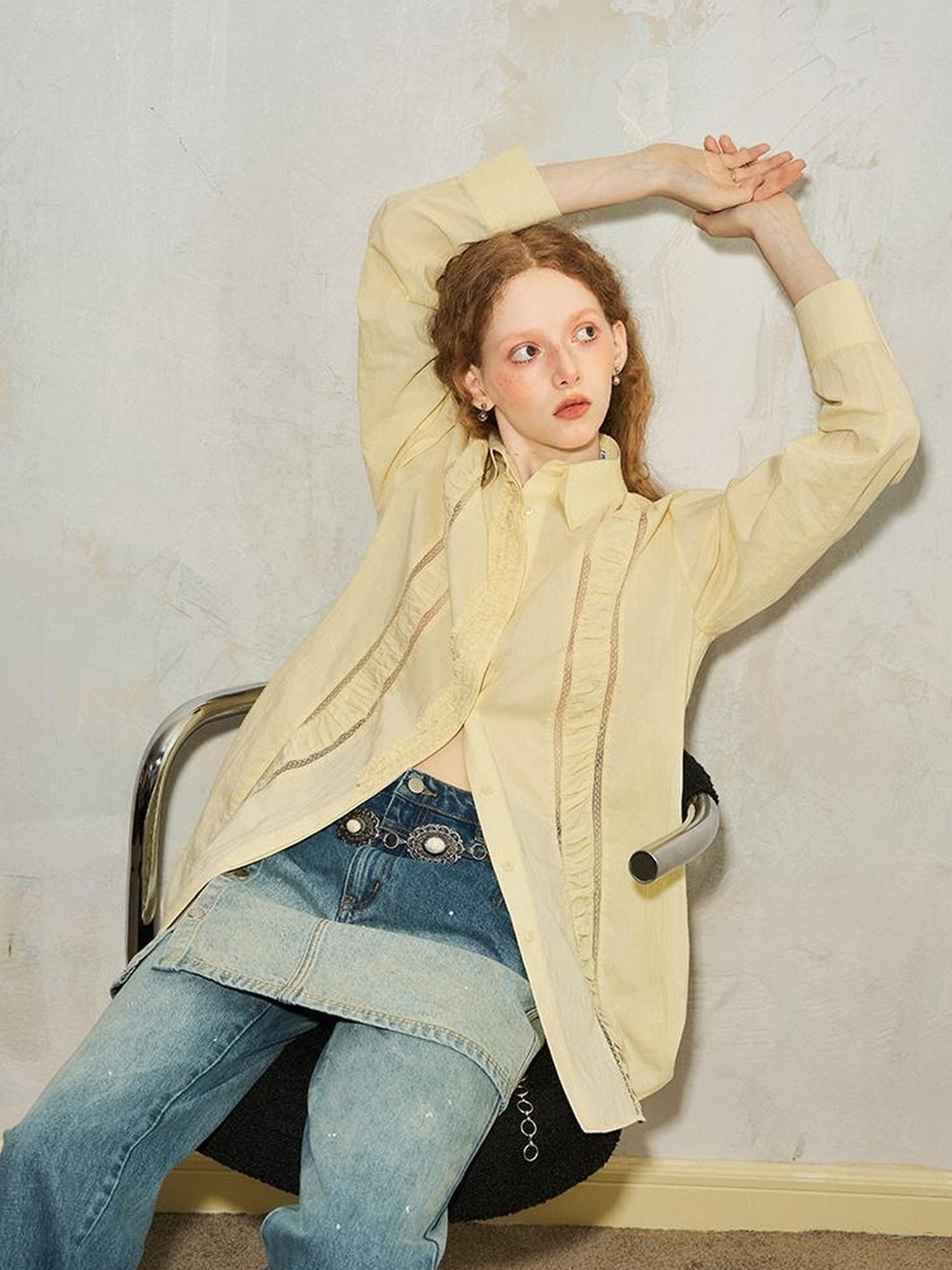 DIDDI MODA Lace Trimmed Sheer Ruffle Blouse