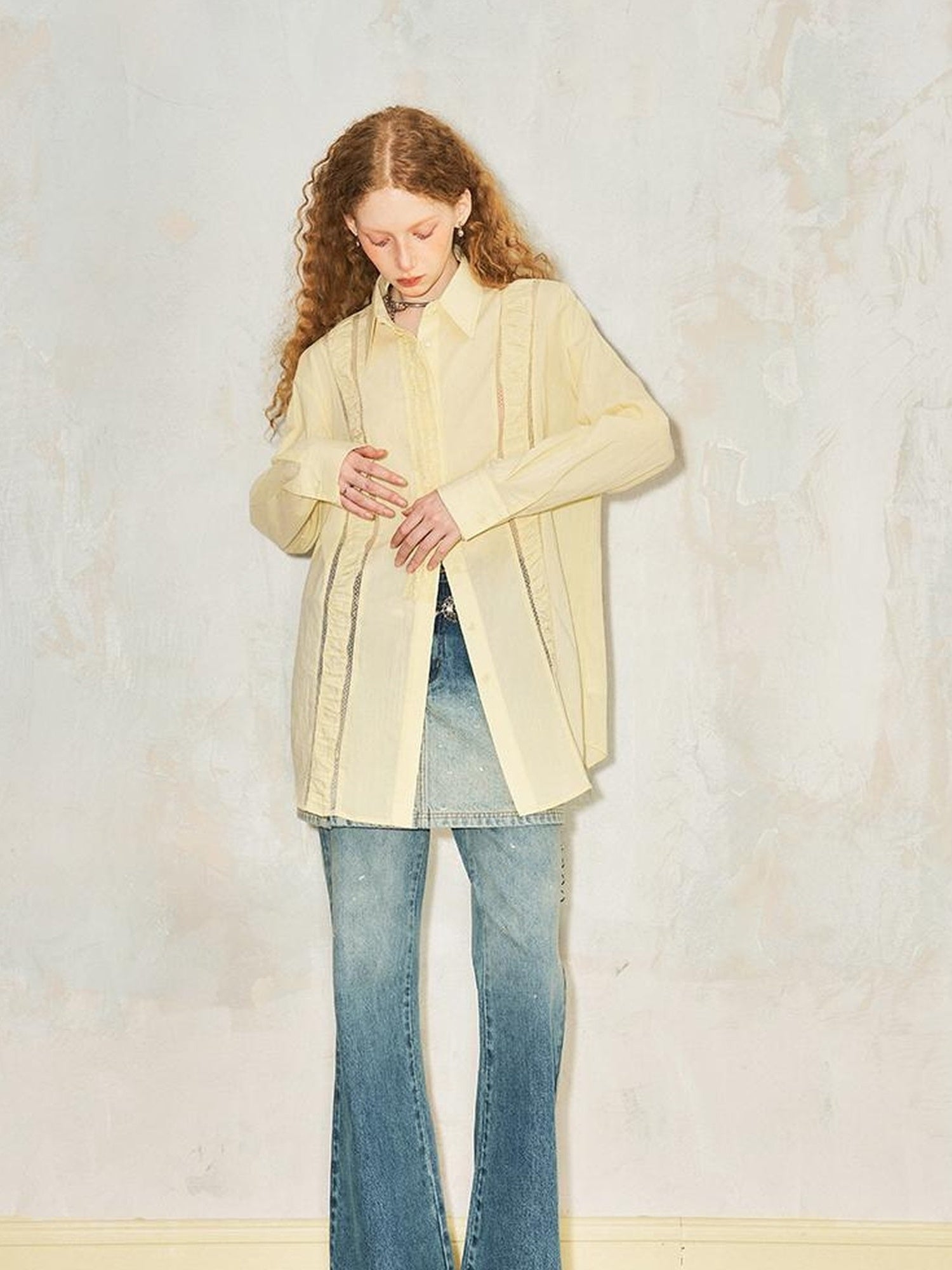 DIDDI MODA Lace Trimmed Sheer Ruffle Blouse