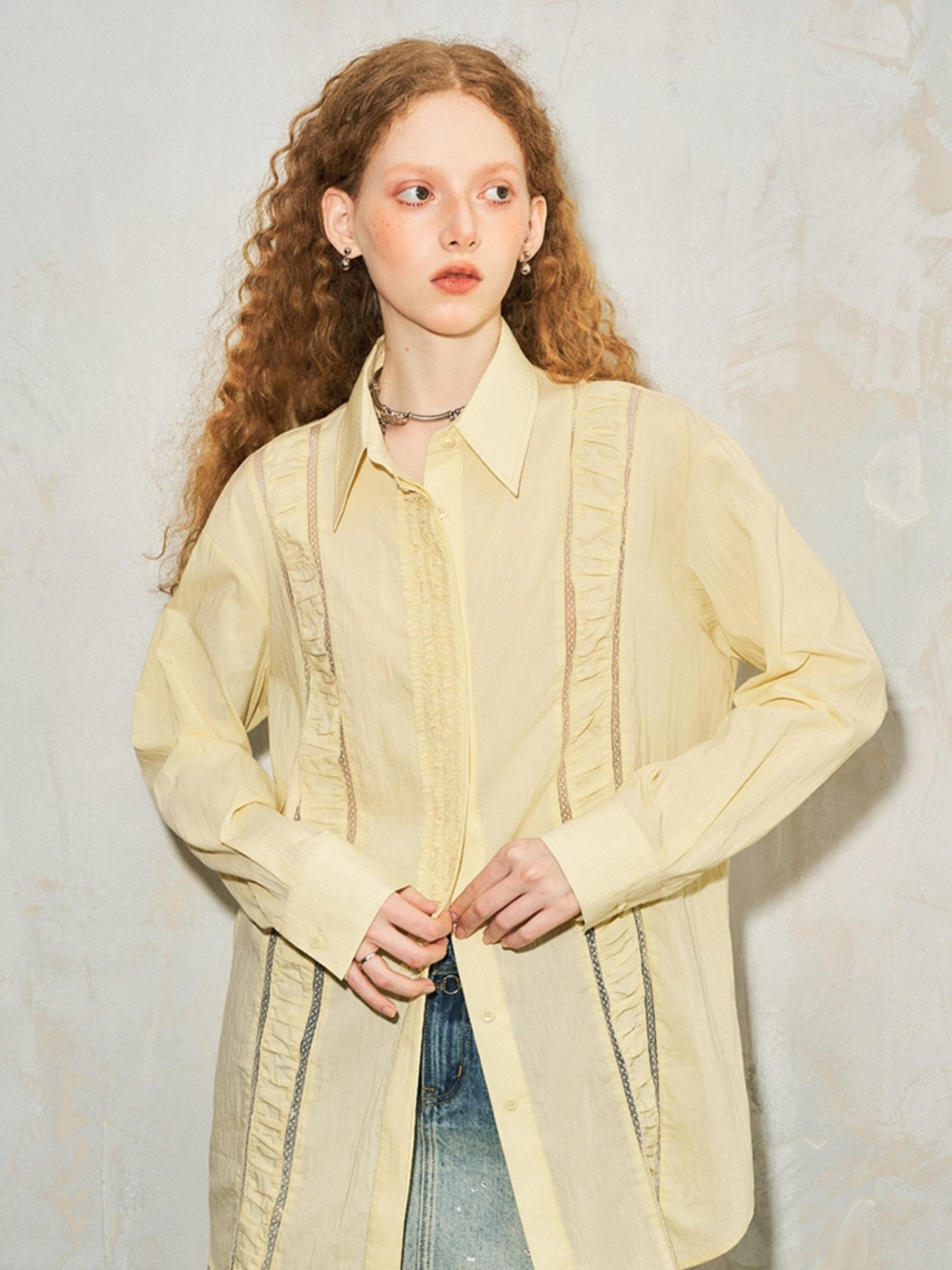 DIDDI MODA Lace Trimmed Sheer Ruffle Blouse