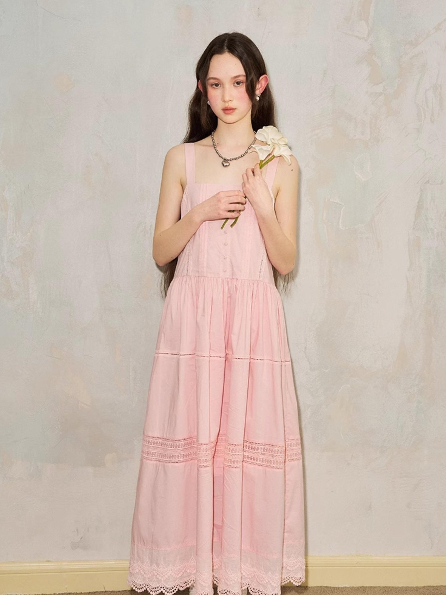 DIDDI MODA Lace Trimmed Square Neck A Line Sundress