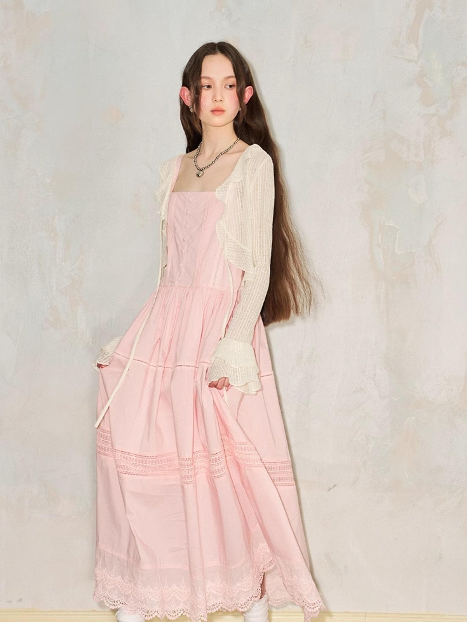 DIDDI MODA Lace Trimmed Square Neck A Line Sundress