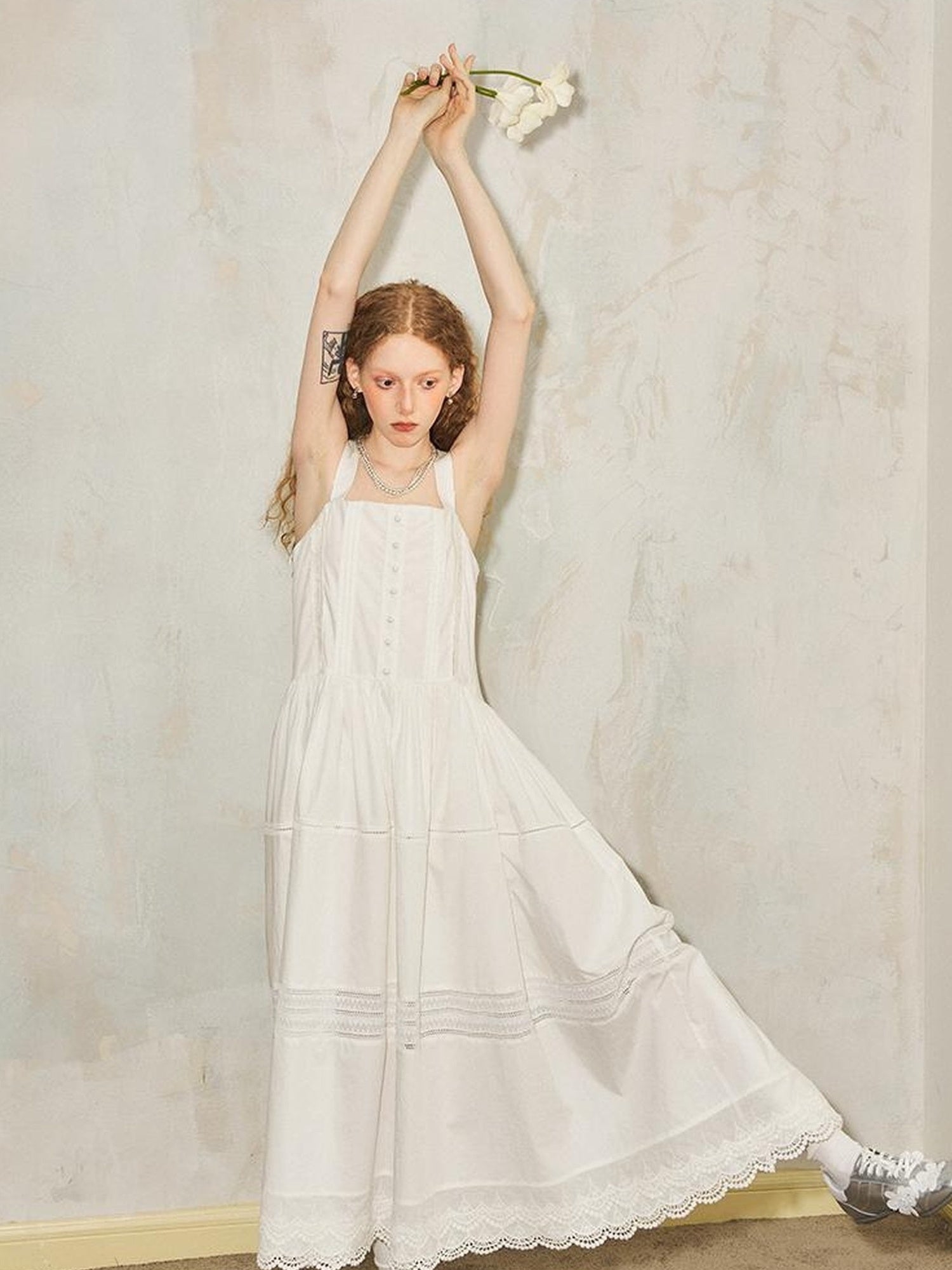 DIDDI MODA Lace Trimmed Square Neck A Line Sundress