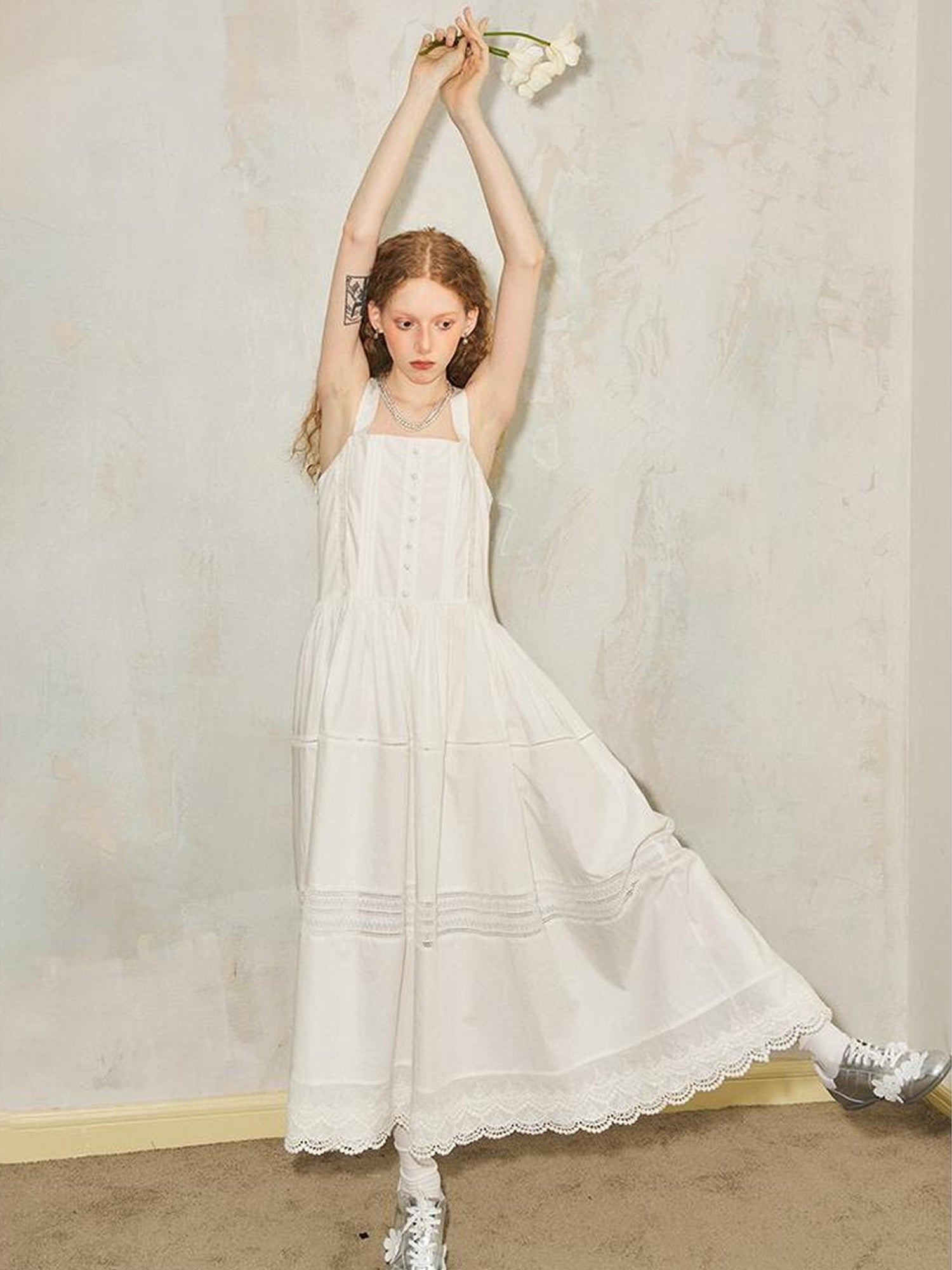 DIDDI MODA Lace Trimmed Square Neck A Line Sundress