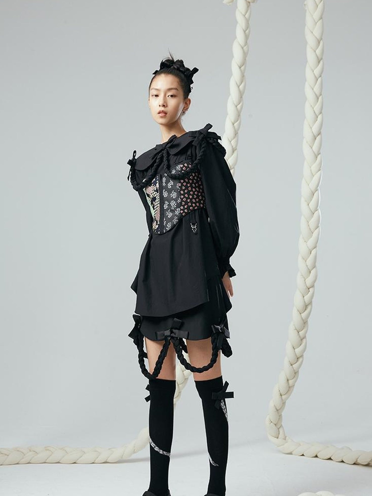 DIDDI MODA Lace Up Floral Jacquard Corset Top