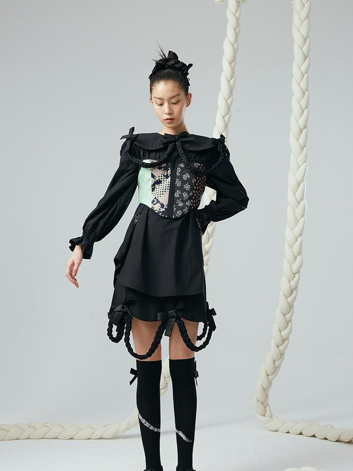 DIDDI MODA Lace Up Floral Jacquard Corset Top