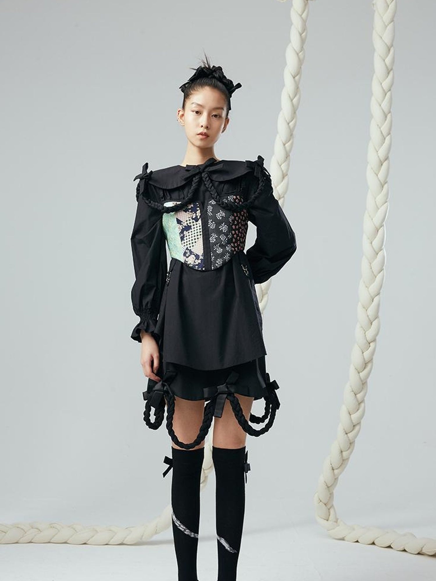 DIDDI MODA Lace Up Floral Jacquard Corset Top