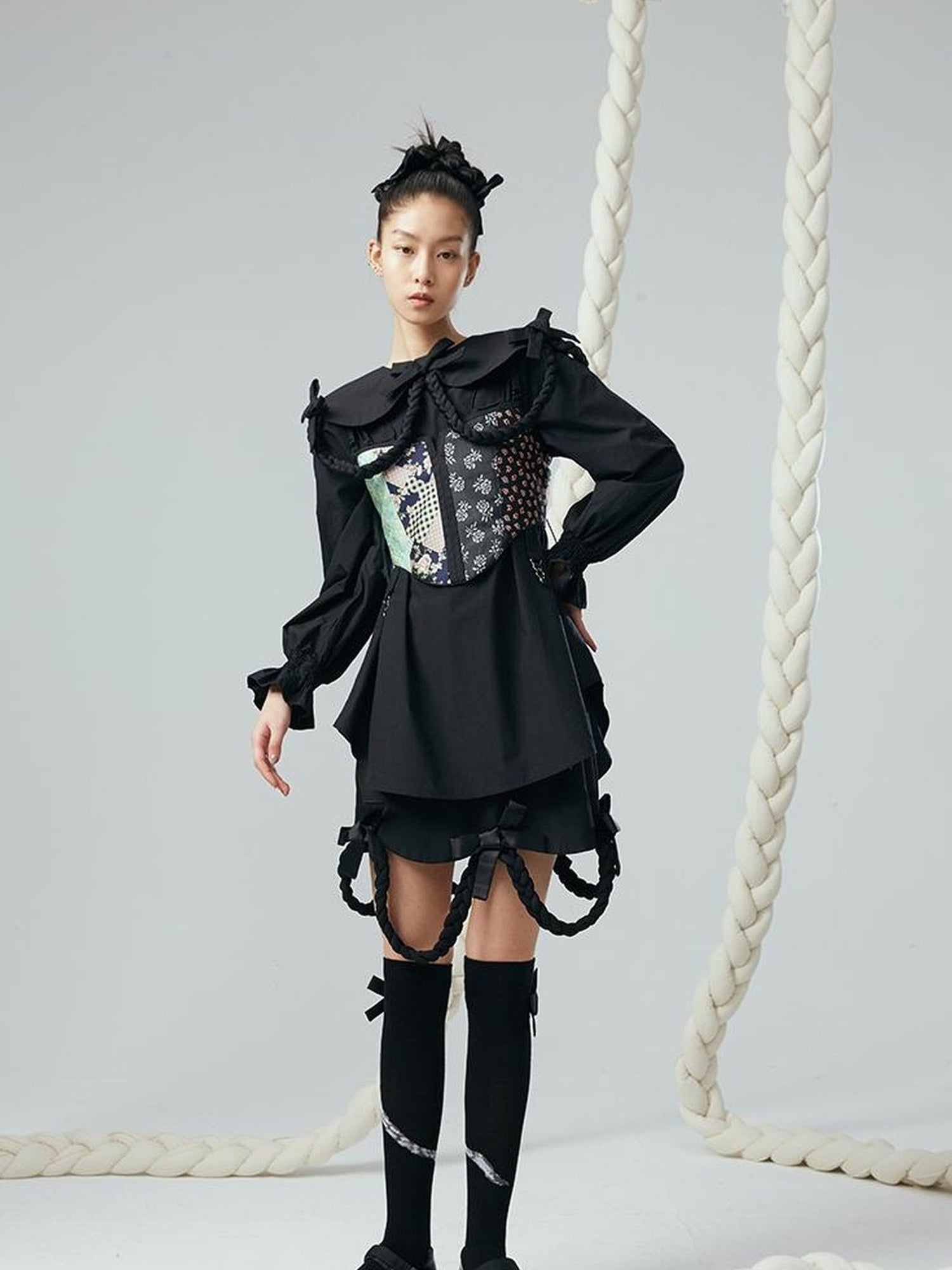 DIDDI MODA Lace Up Floral Jacquard Corset Top
