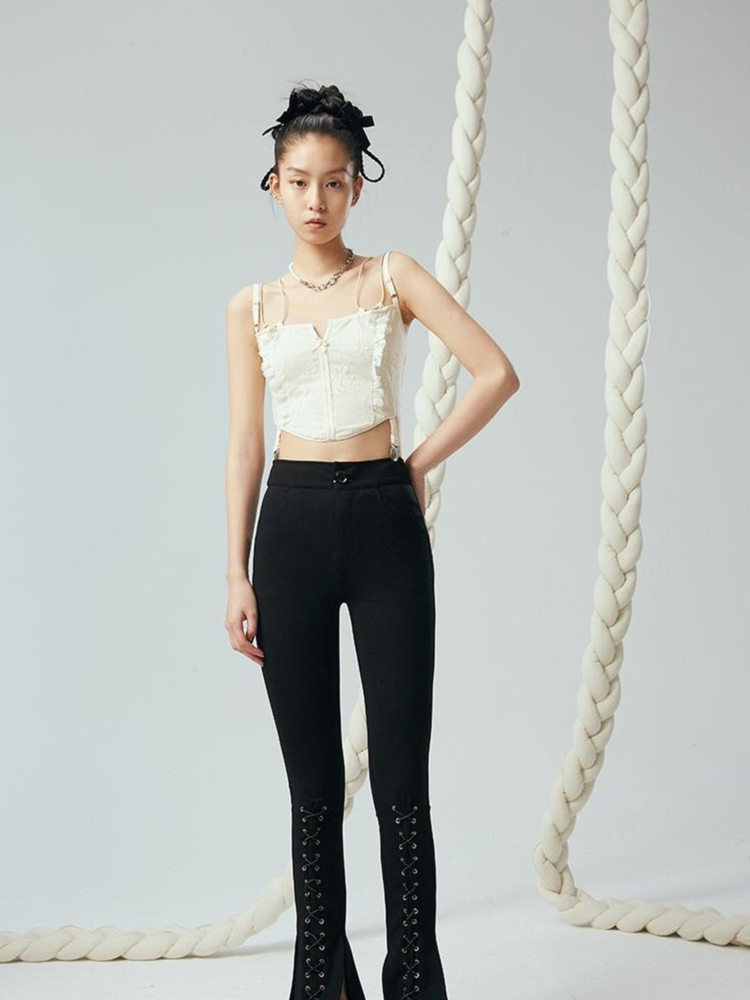 DIDDI MODA Lace Up Floral Jacquard Corset Top