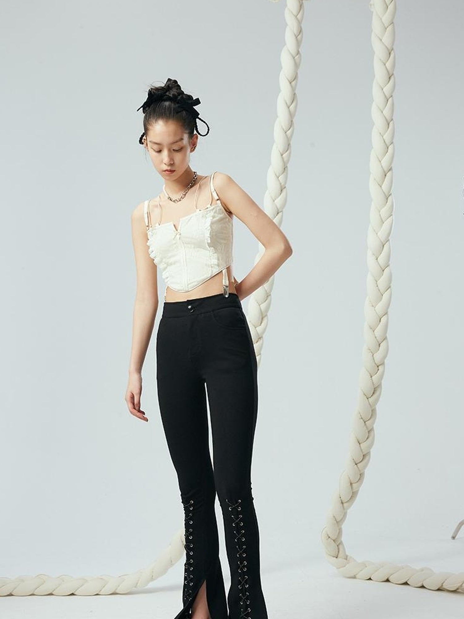 DIDDI MODA Lace Up Floral Jacquard Corset Top