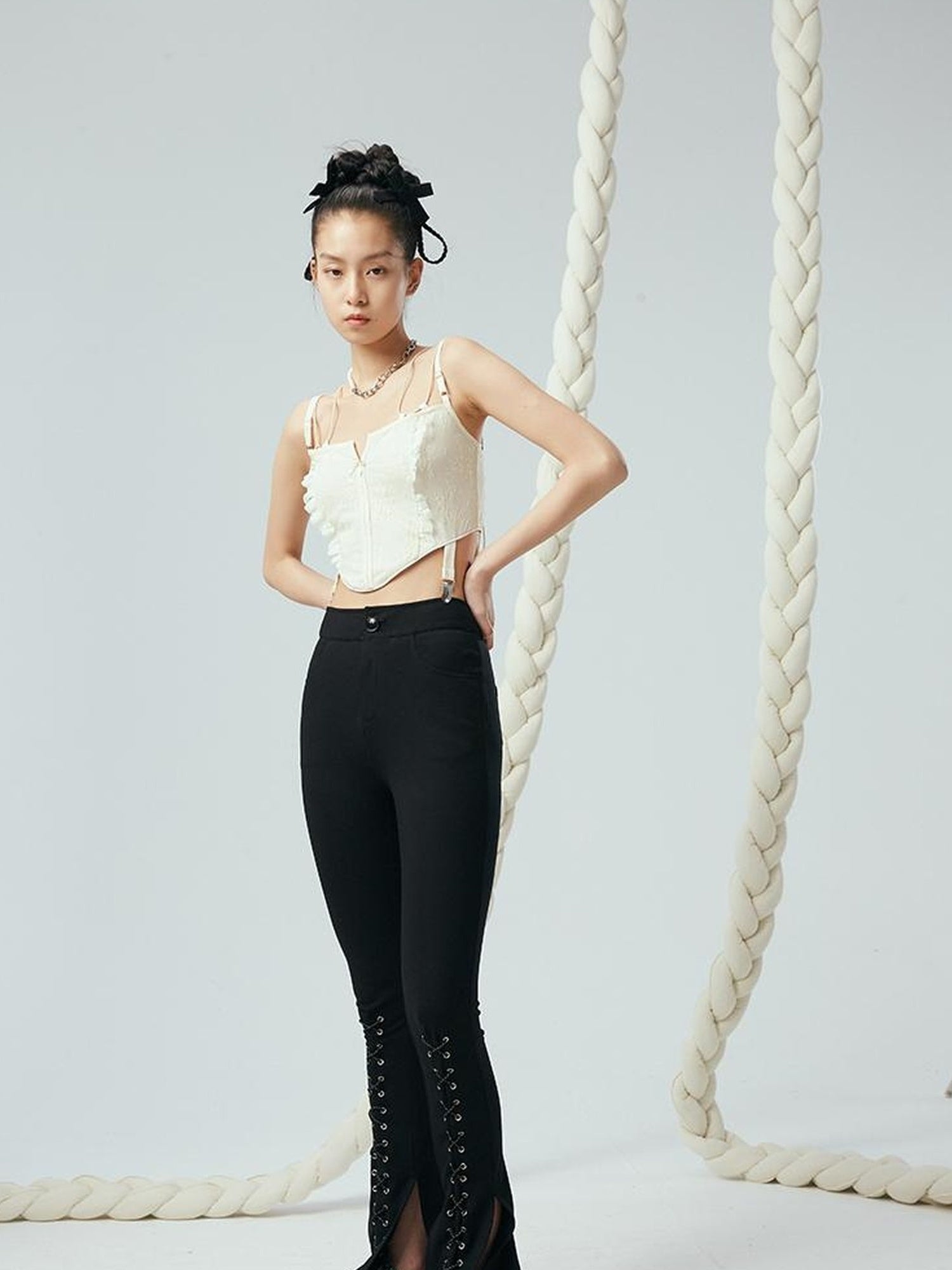 DIDDI MODA Lace Up Floral Jacquard Corset Top