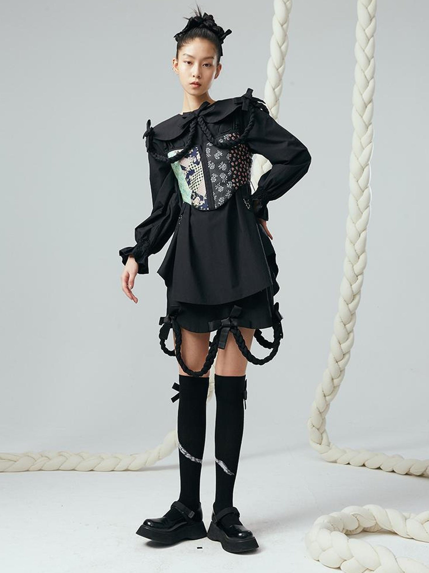 DIDDI MODA Lace Up Floral Jacquard Corset Top