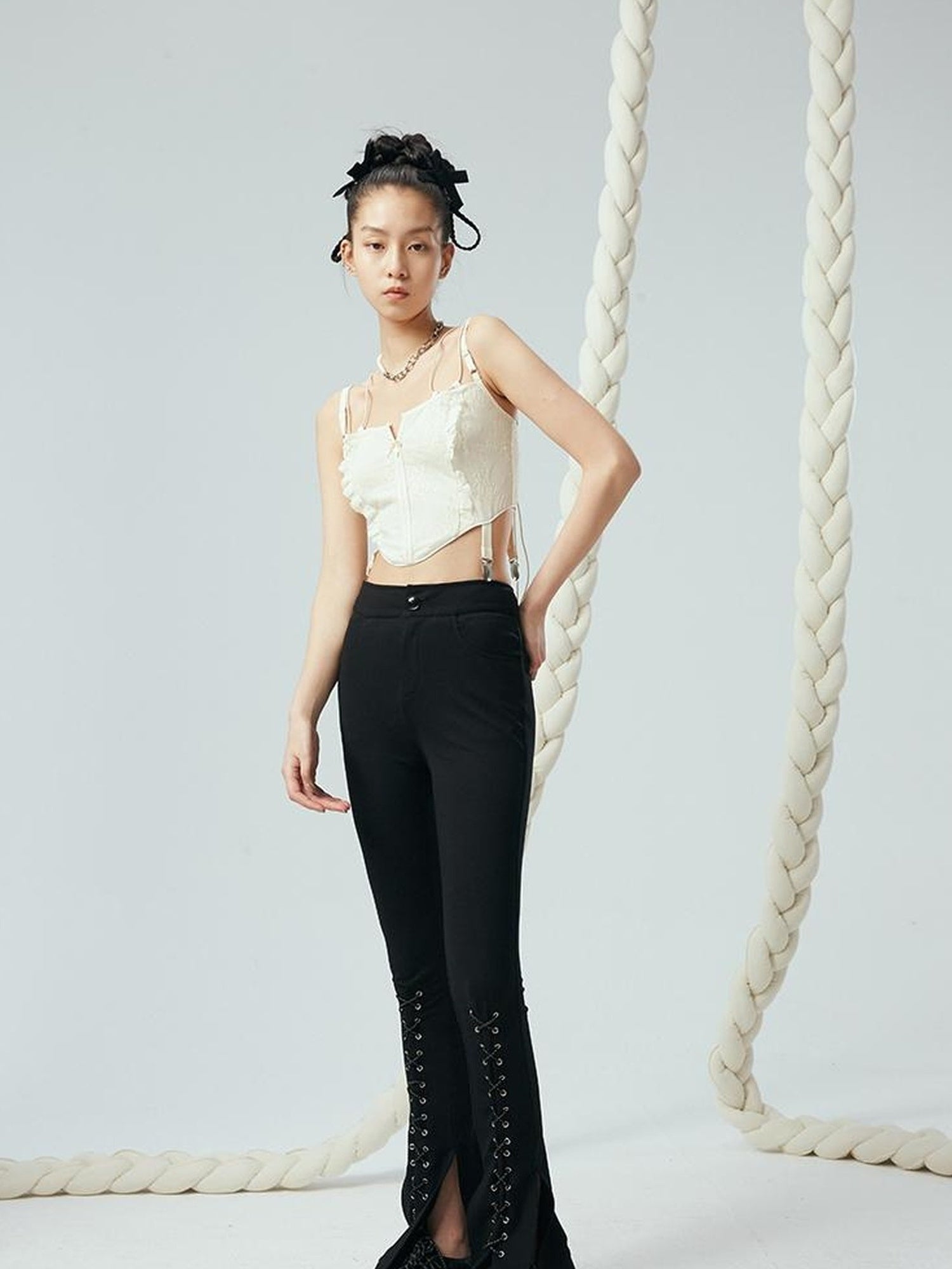 DIDDI MODA Lace Up Floral Jacquard Corset Top